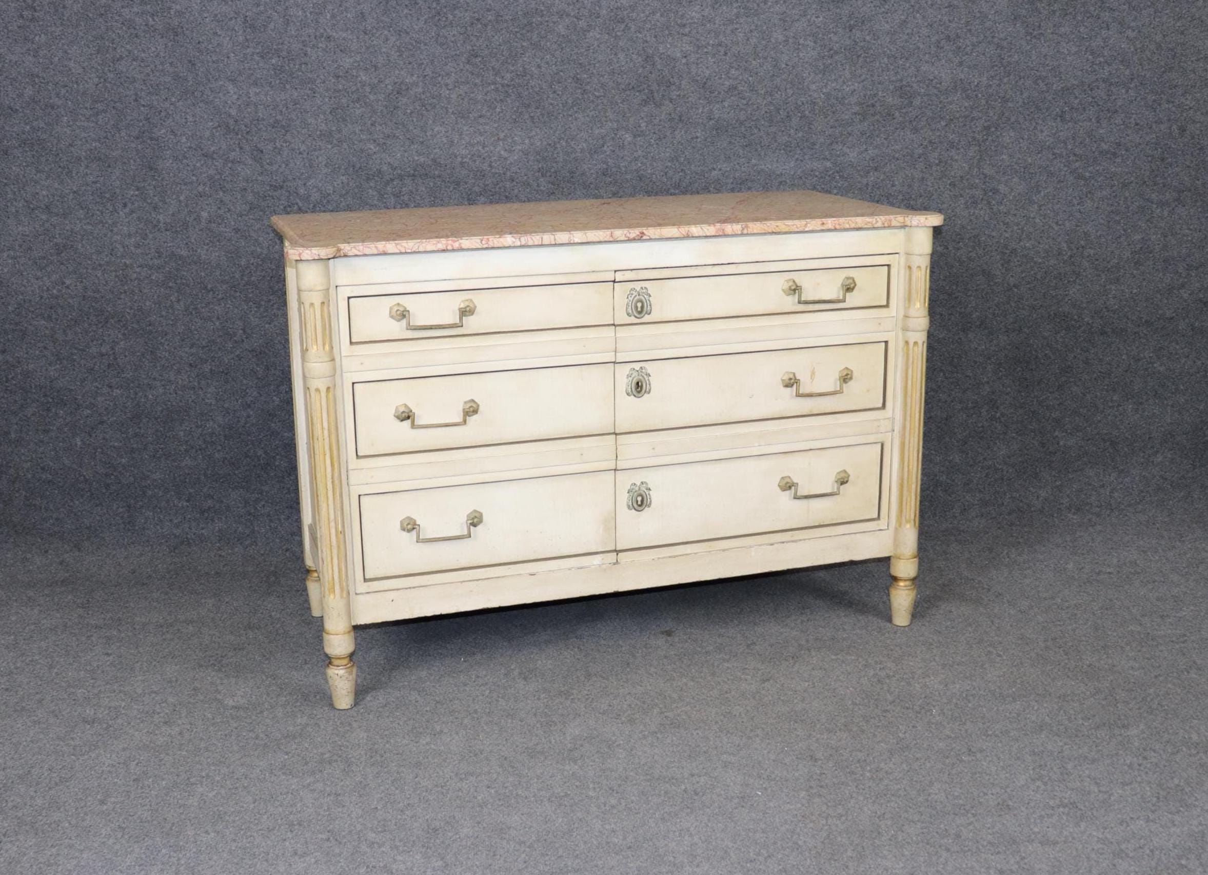 Vintage Louis XVI Directoire Style Creme Paint Decorated Marble Top Commode, Cabinet