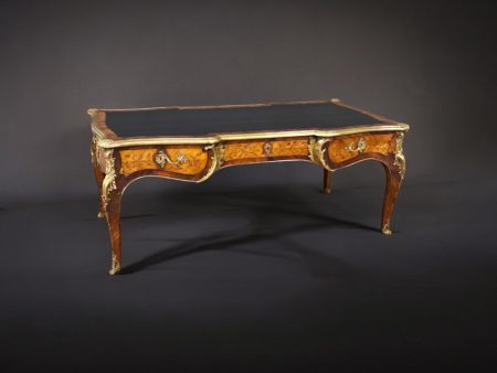 Monumental 19th Century Louis XV Style Bronze Ormolu Mounted Leather Top Bureau Plat, Writing Desk
