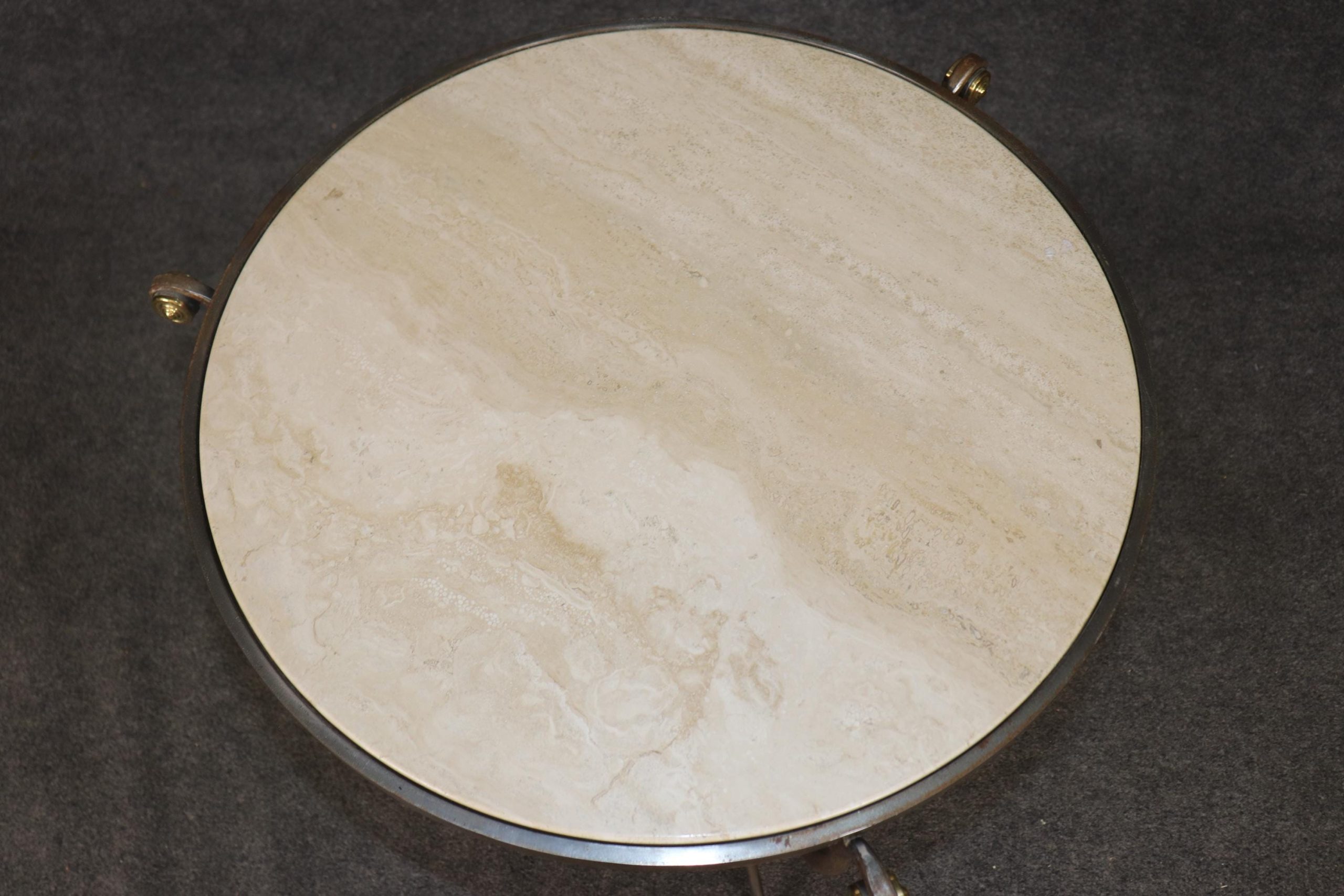 Hollywood Regency Travertine Top Gueridon - Brass Accent Table - Image 5