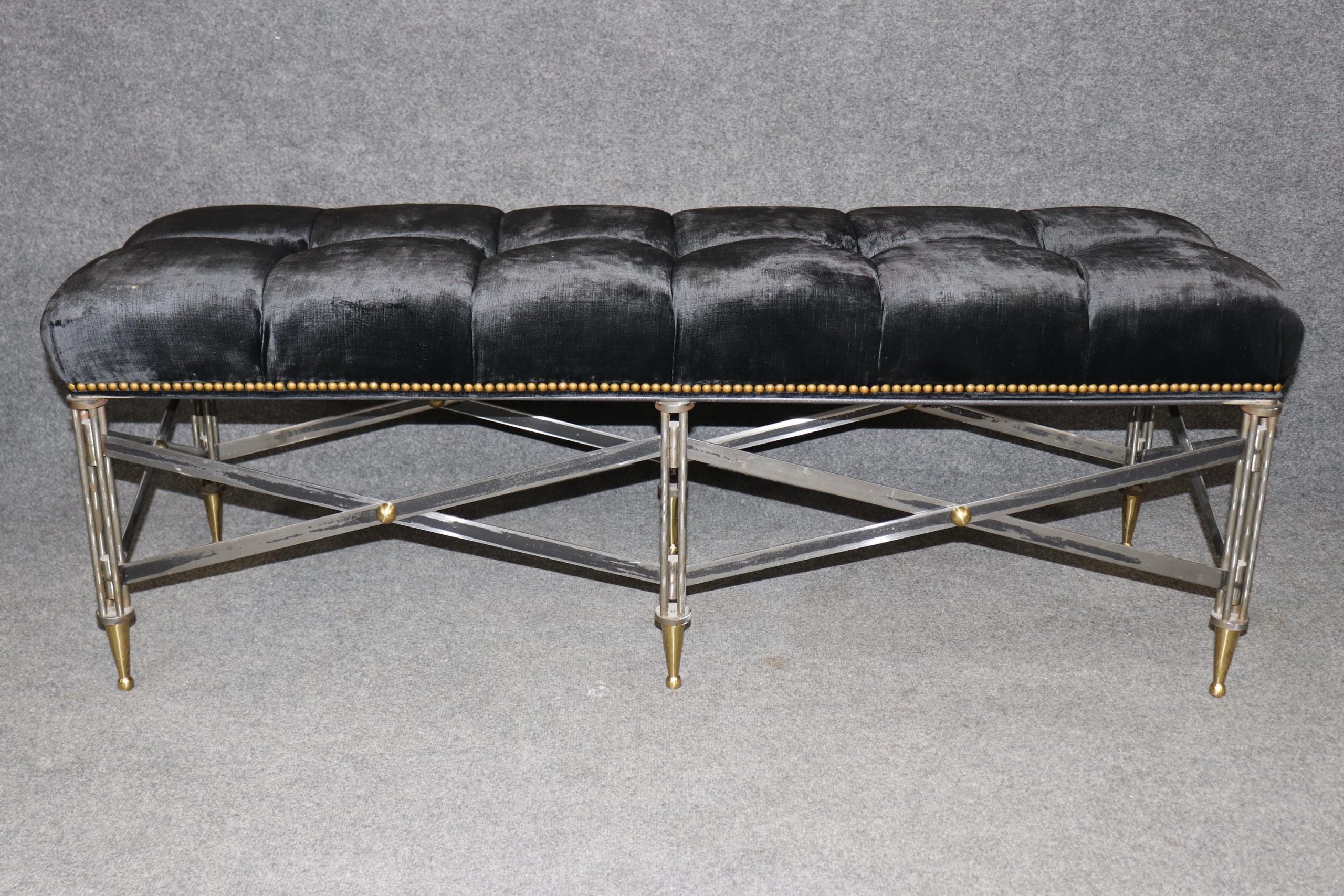 Hollywood Regency Brass Window Bench: Tufted Boudoir Seat - Image 2