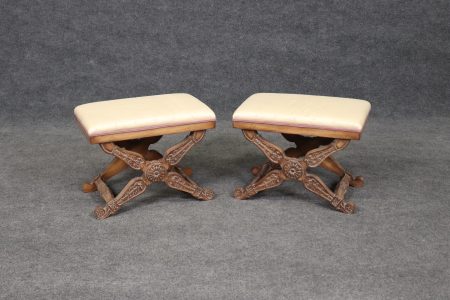 Vintage Regency Style X Benches: Upholstered Footstools, MCM Furniture