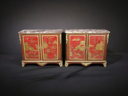 Pair of French Directoire Style Marble Top Commodes with Bronze Mounts attributed to Maison Jansen, Pair Cabinets