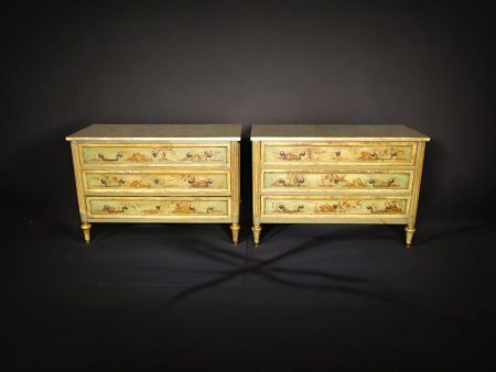 Antique French Louis XVI Chinoiserie Commodes: Olive Painted Pair