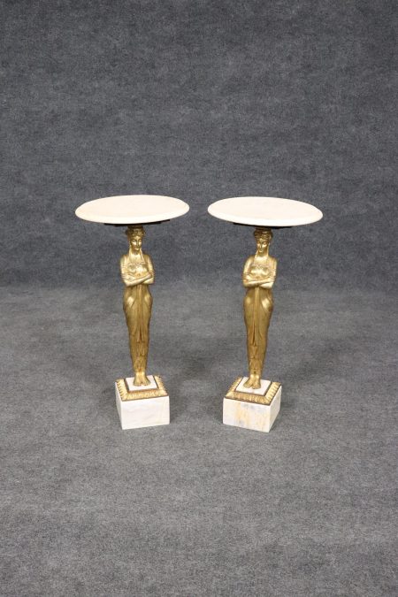 Vintage Pair of French Empire Style Marble Top Figural End Tables, Side Tables