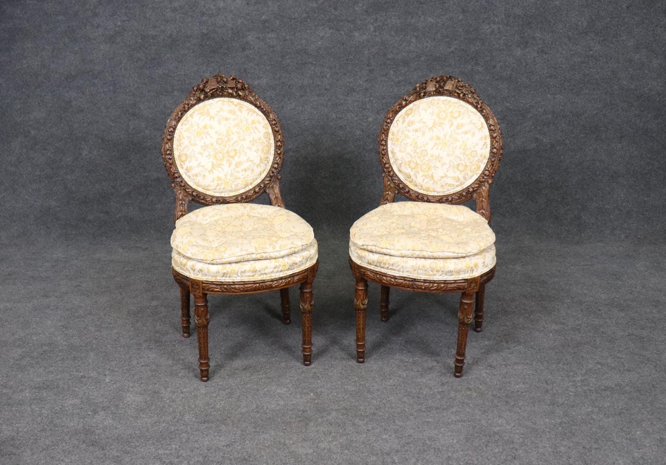 Antique Louis XVI Style Carved Side Chairs: Musical Motif Parlor Decor