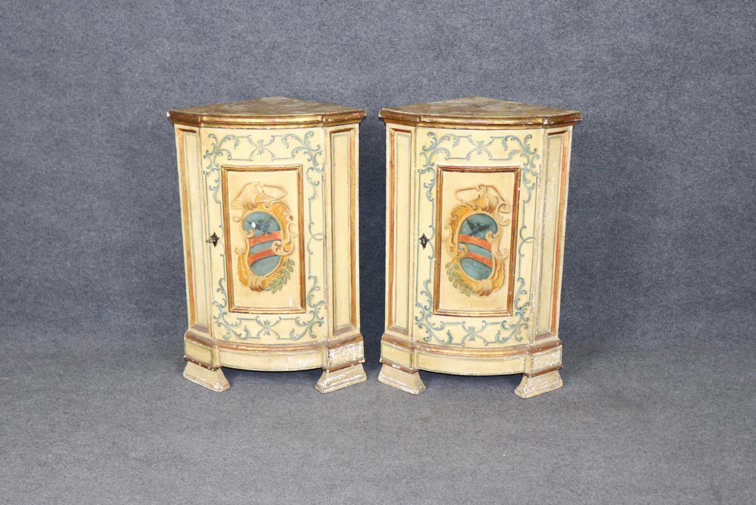 Antique Venetian Style Corner Cabinets: Faux Marble Top, Italian Commodes