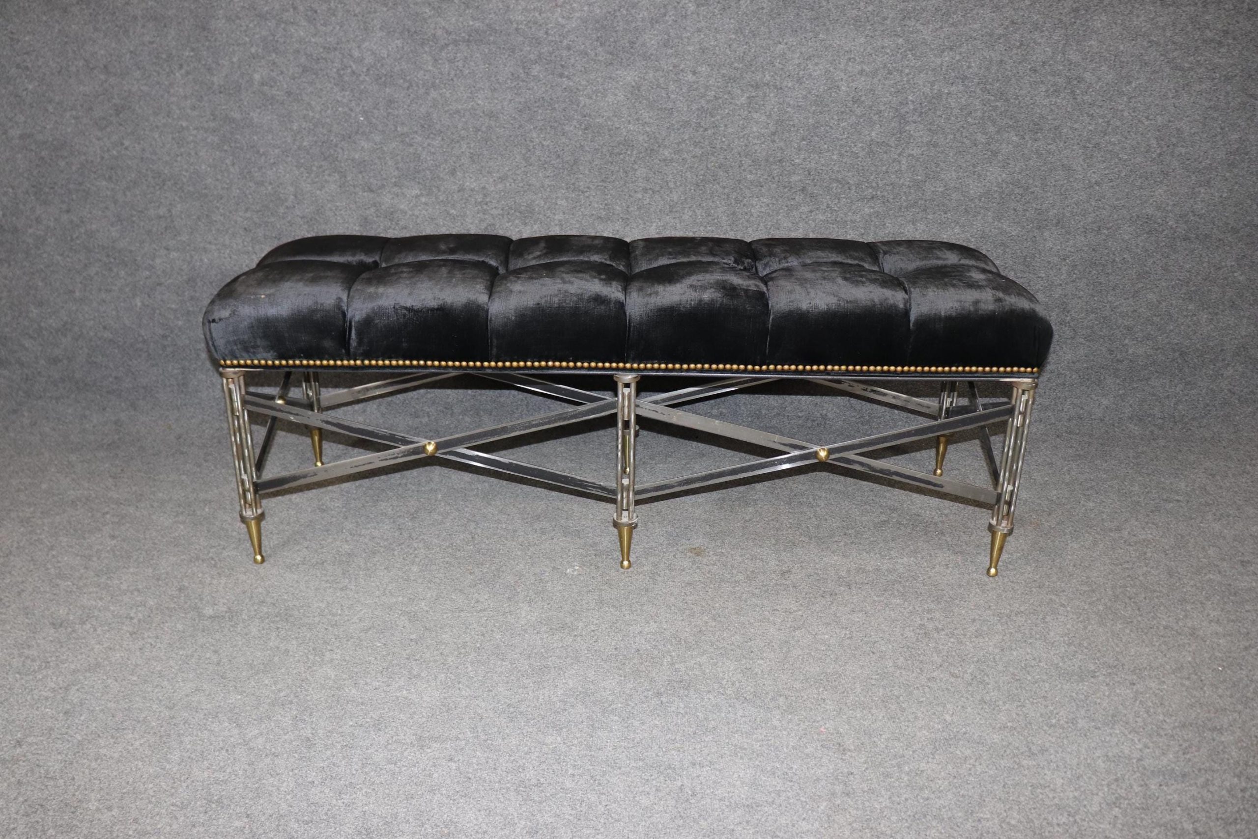 Hollywood Regency Brass Window Bench: Tufted Boudoir Seat
