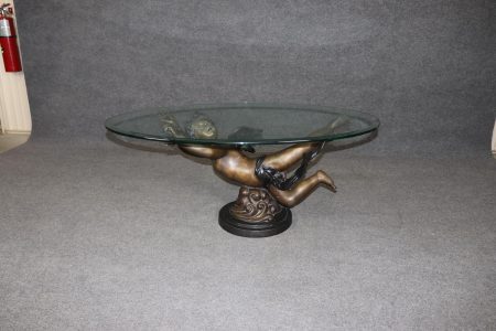 Vintage Bronze Putti Glass Top Coffee Table: Sculptural Cherub Table