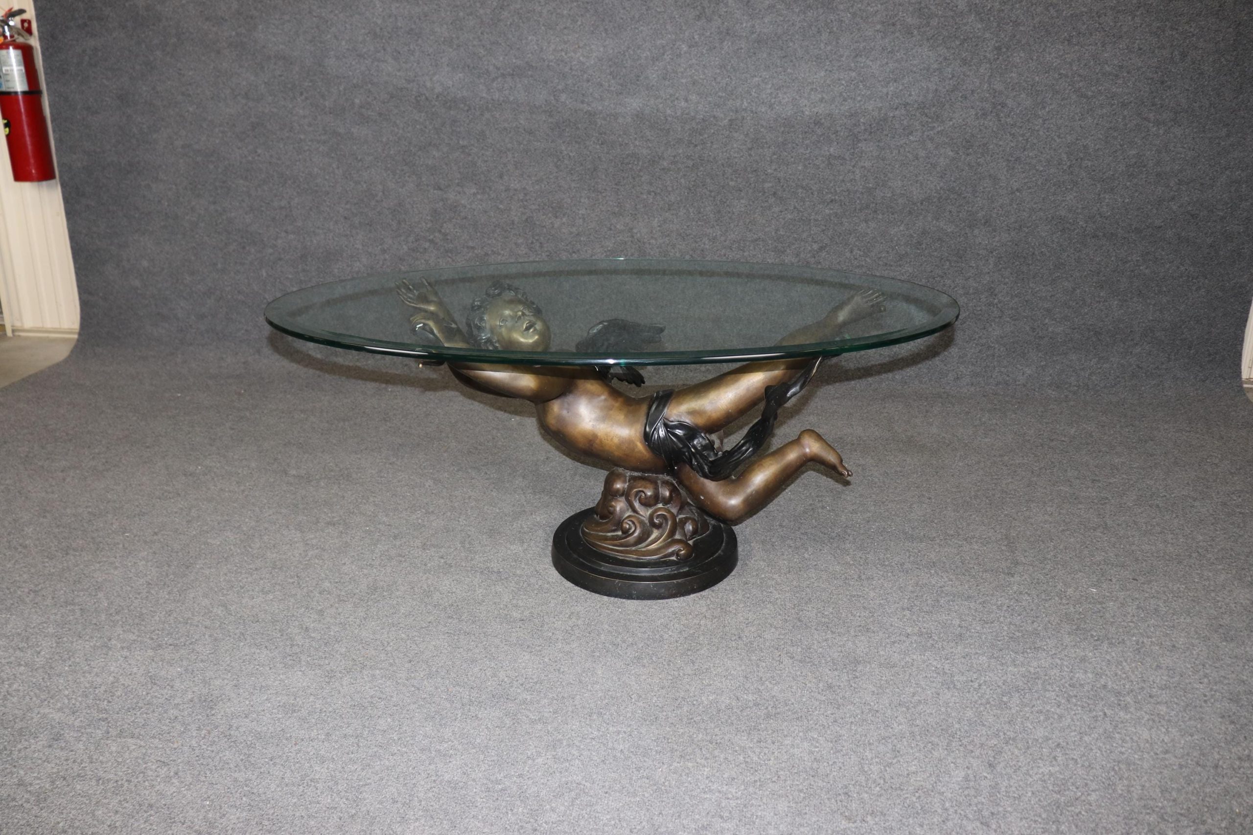 Vintage Bronze Putti Glass Top Coffee Table: Sculptural Cherub Table