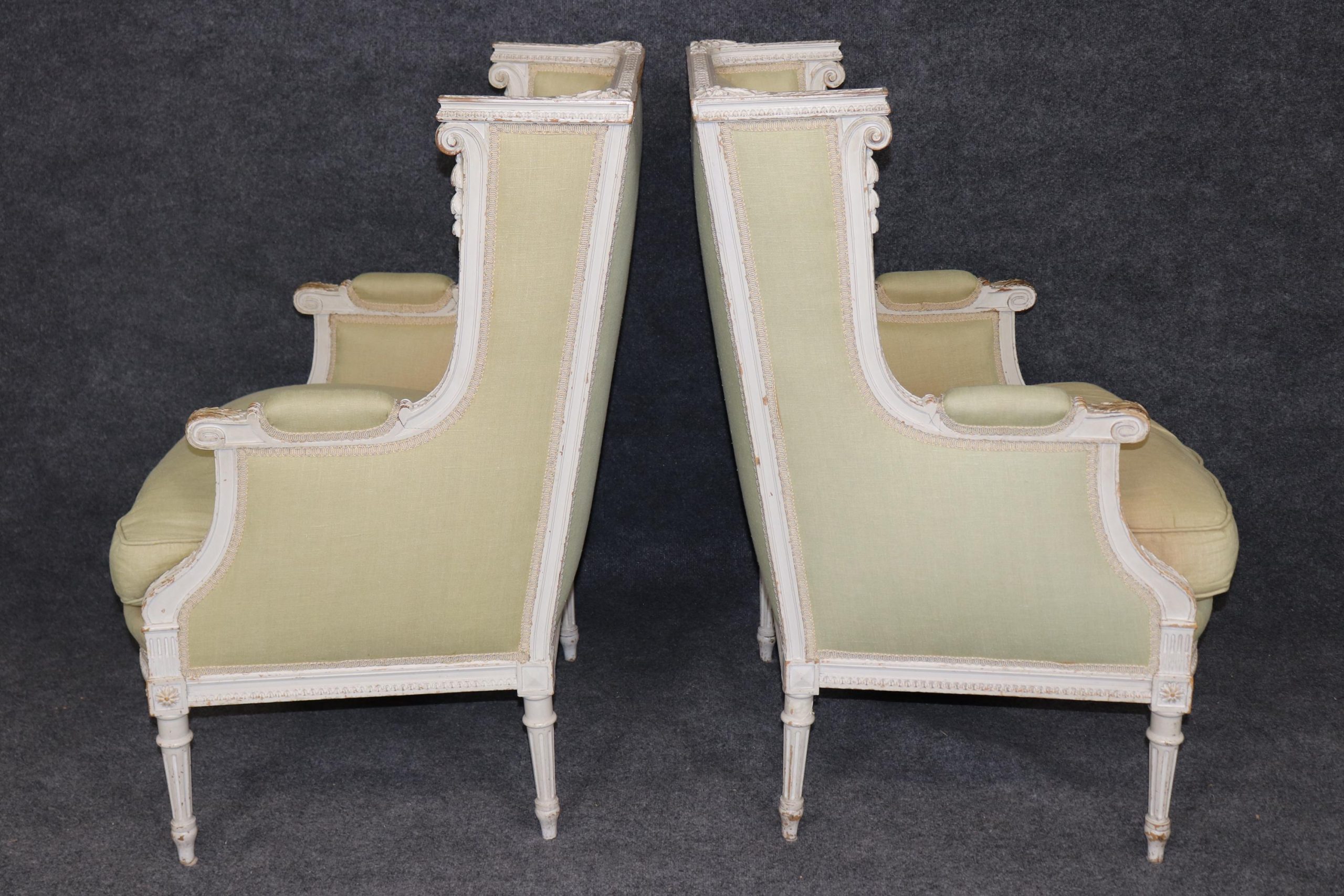 Exceptional Pair of Early 20th Century French Louis XVI Style Distressed Paint Decorated Wingback Bergeres, Pair Chairs - Image 3