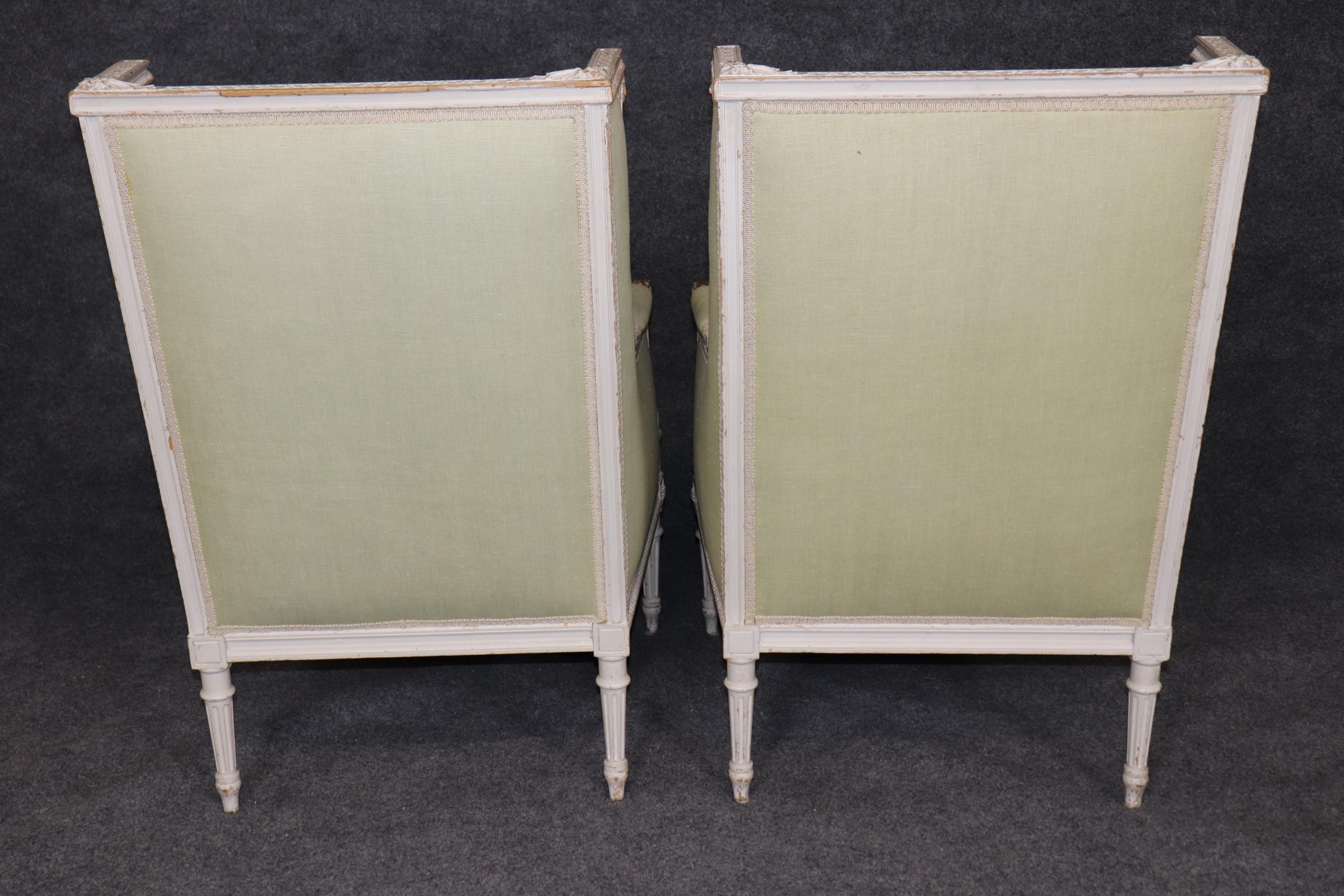 Exceptional Pair of Early 20th Century French Louis XVI Style Distressed Paint Decorated Wingback Bergeres, Pair Chairs - Image 4