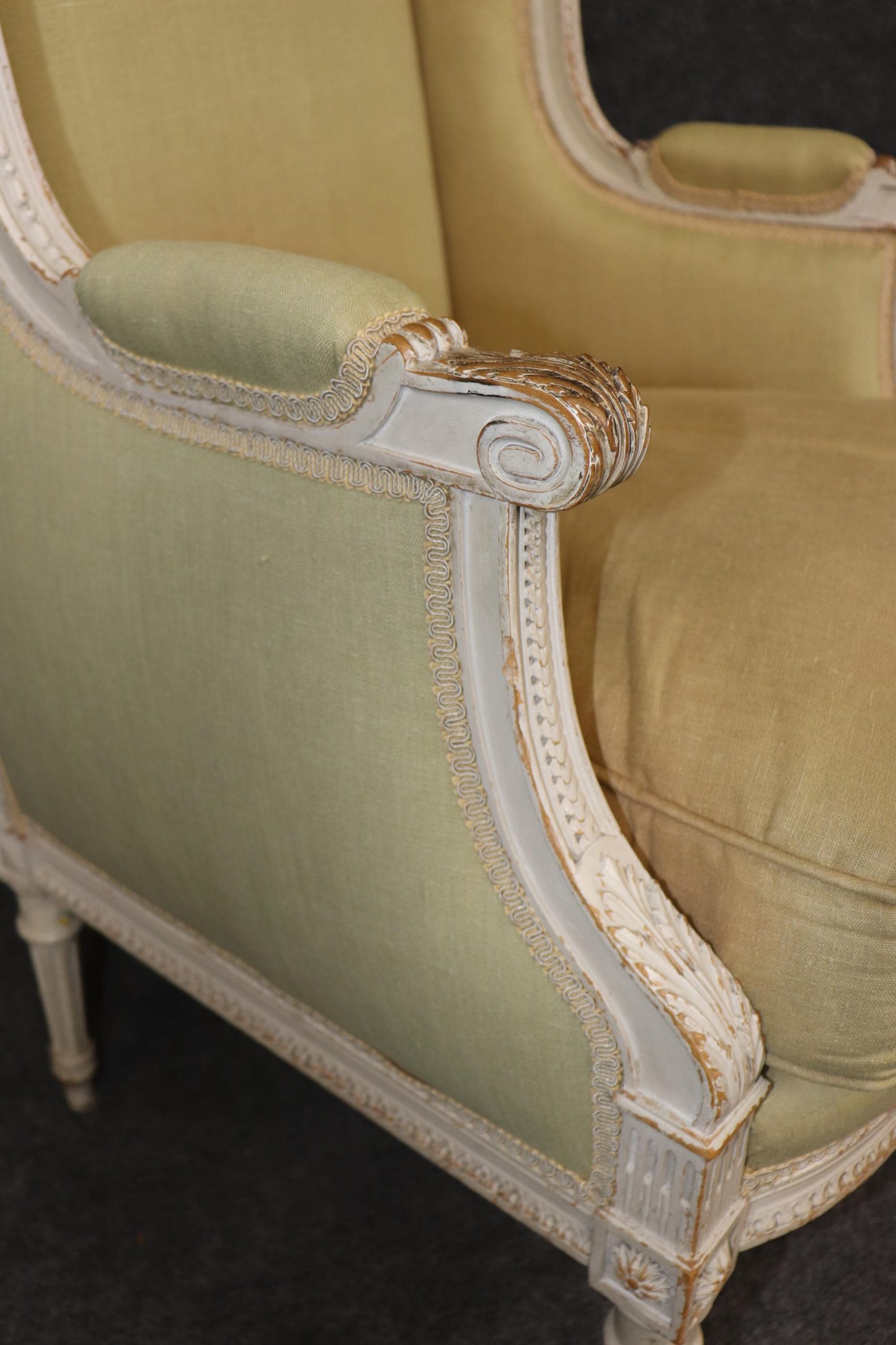 Exceptional Pair of Early 20th Century French Louis XVI Style Distressed Paint Decorated Wingback Bergeres, Pair Chairs - Image 7