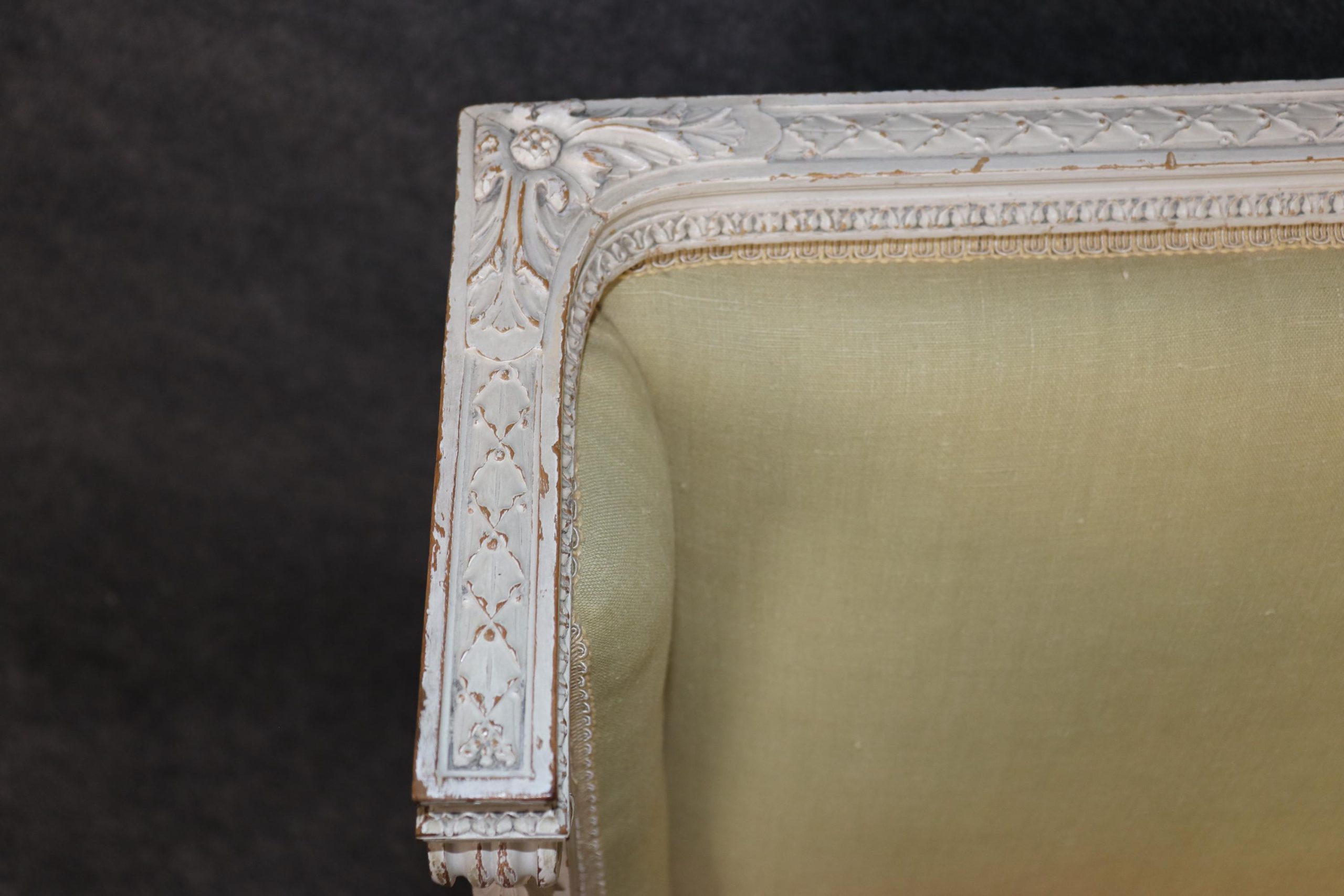 Exceptional Pair of Early 20th Century French Louis XVI Style Distressed Paint Decorated Wingback Bergeres, Pair Chairs - Image 8