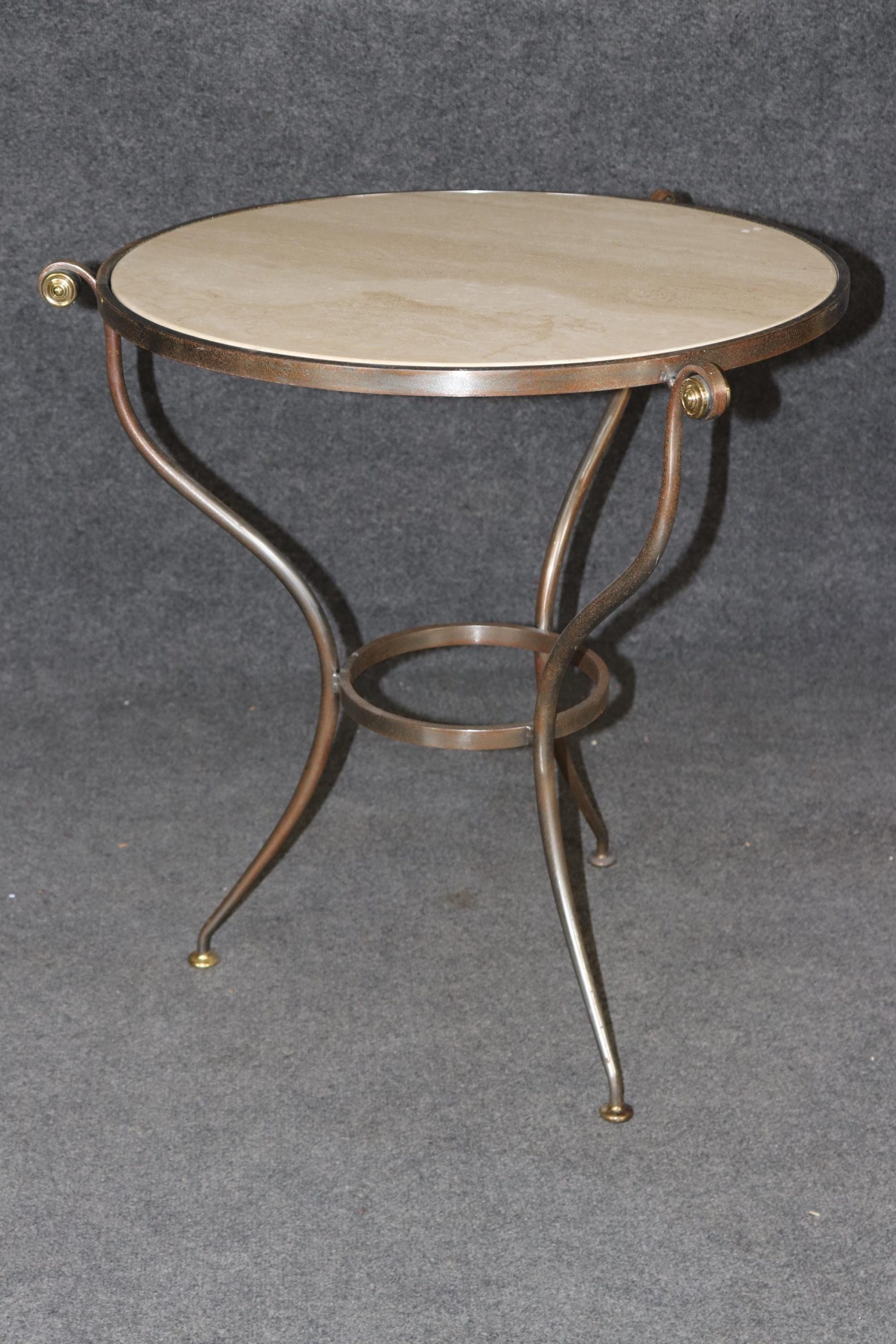 Hollywood Regency Travertine Top Gueridon - Brass Accent Table - Image 4
