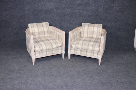Pair of Directoire Style White Washed and Plaid Upholstered Club Chairs, Accent Chairs