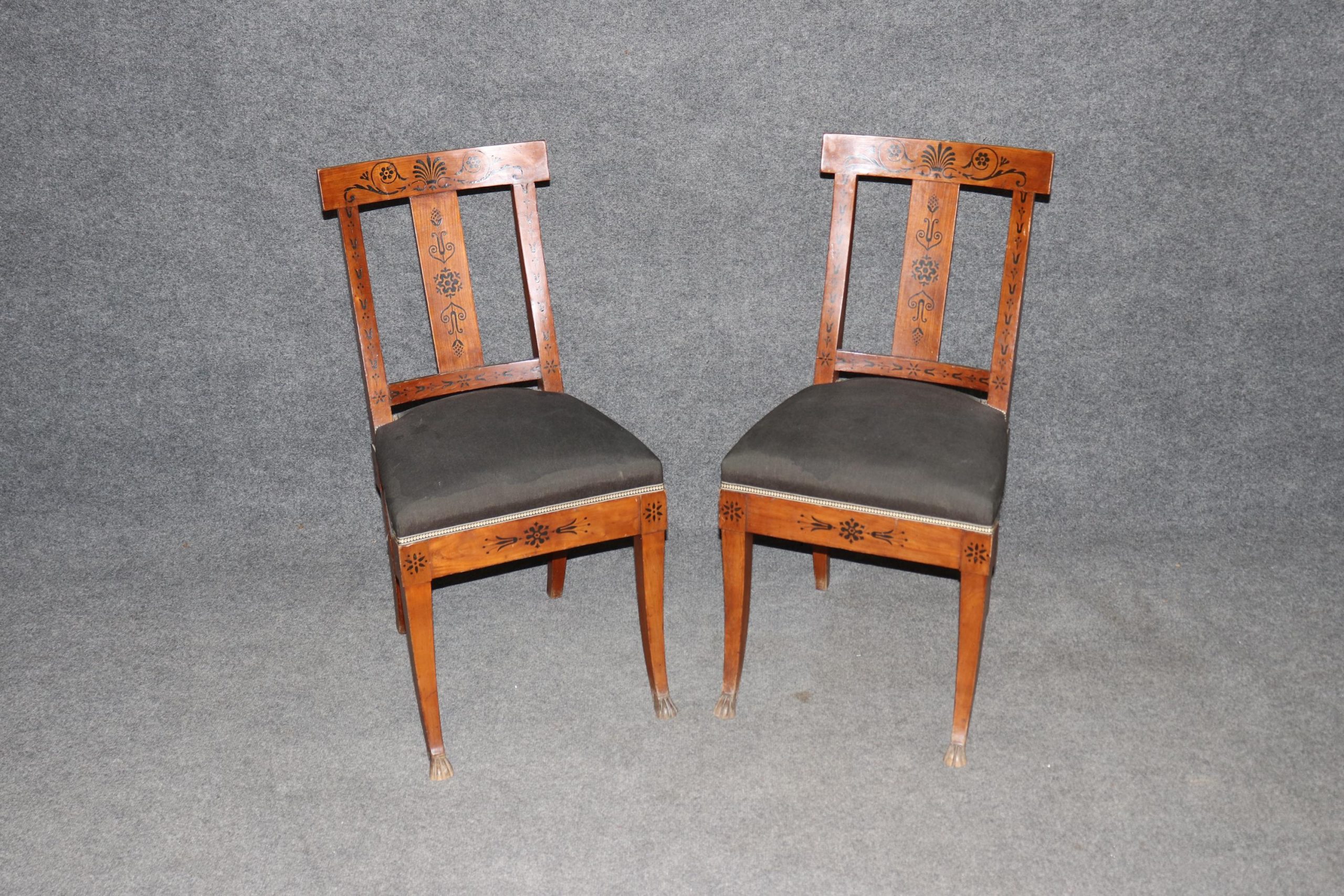 Pair of Antique Empire Style Dutch Marquetry Inlaid and Carved Side Chairs, Accent Chairs