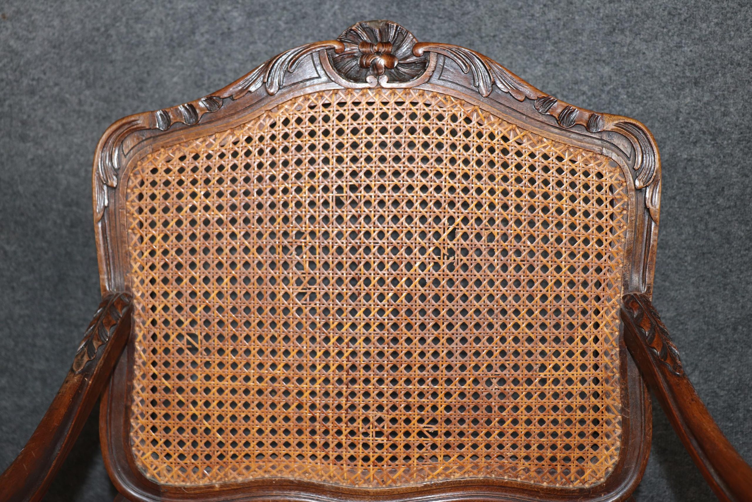 Pair of French Louis XV Carved Cane Back Armchairs C. 1900, Bergeres - Image 8