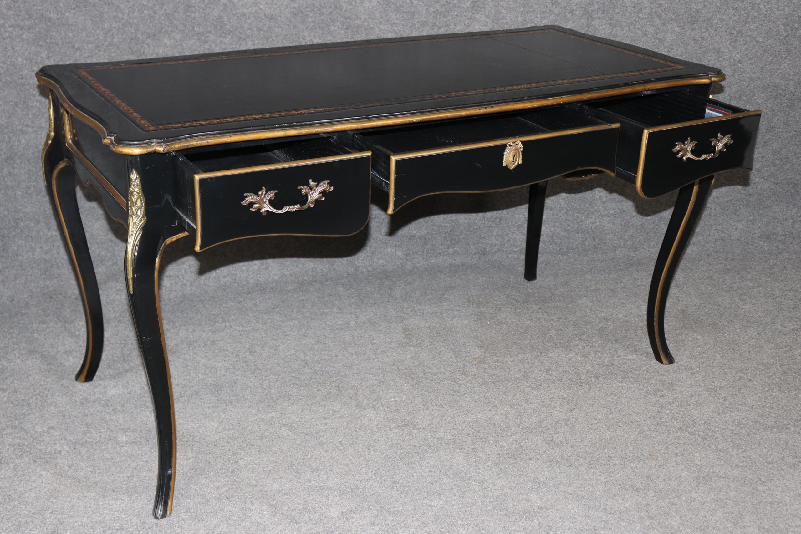 Baker Louis XV Style Black Ebonized Brass Mounted Leather Top Desk, Vintage Desk - Image 5