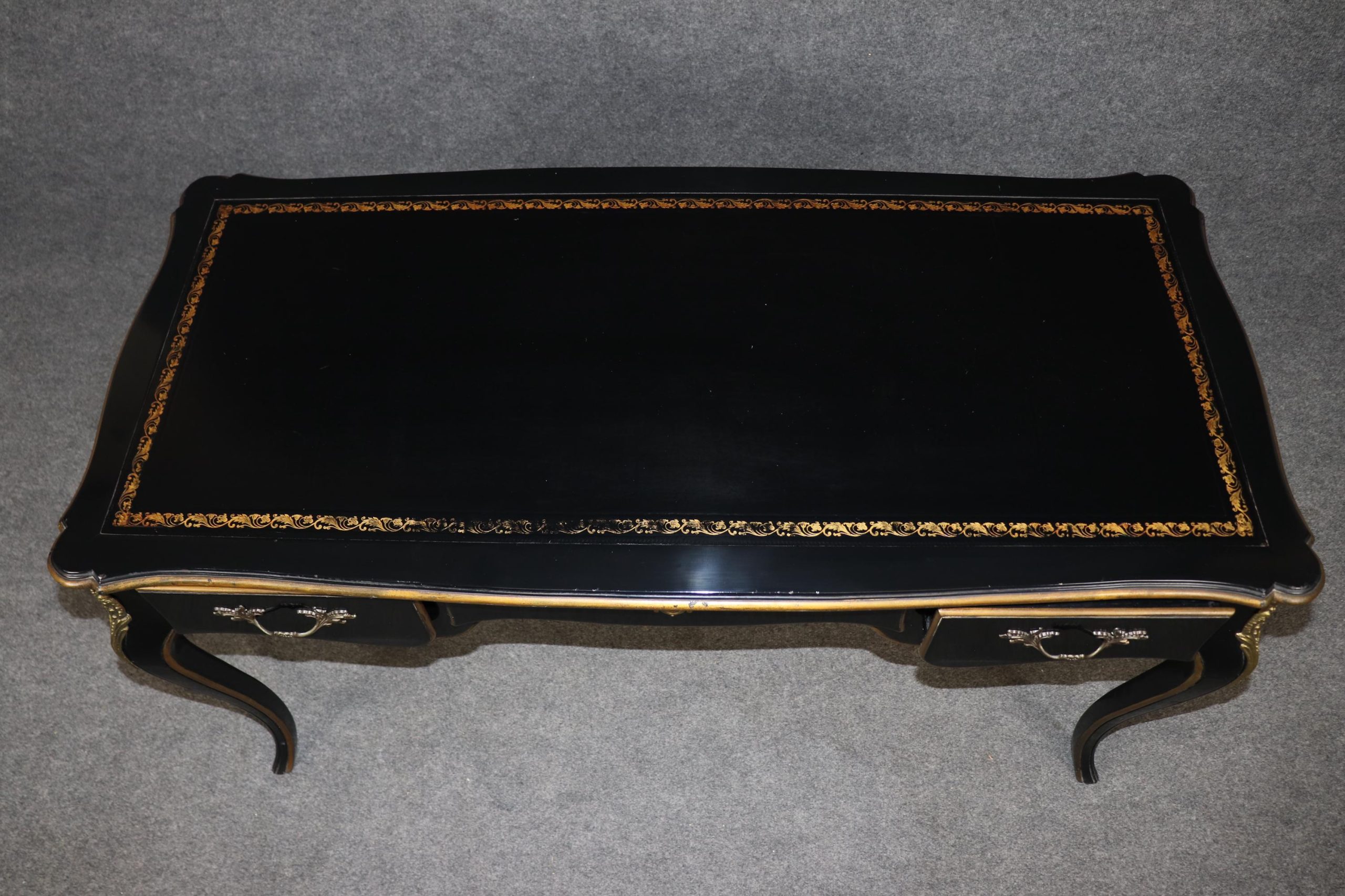 Baker Louis XV Style Black Ebonized Brass Mounted Leather Top Desk, Vintage Desk - Image 8