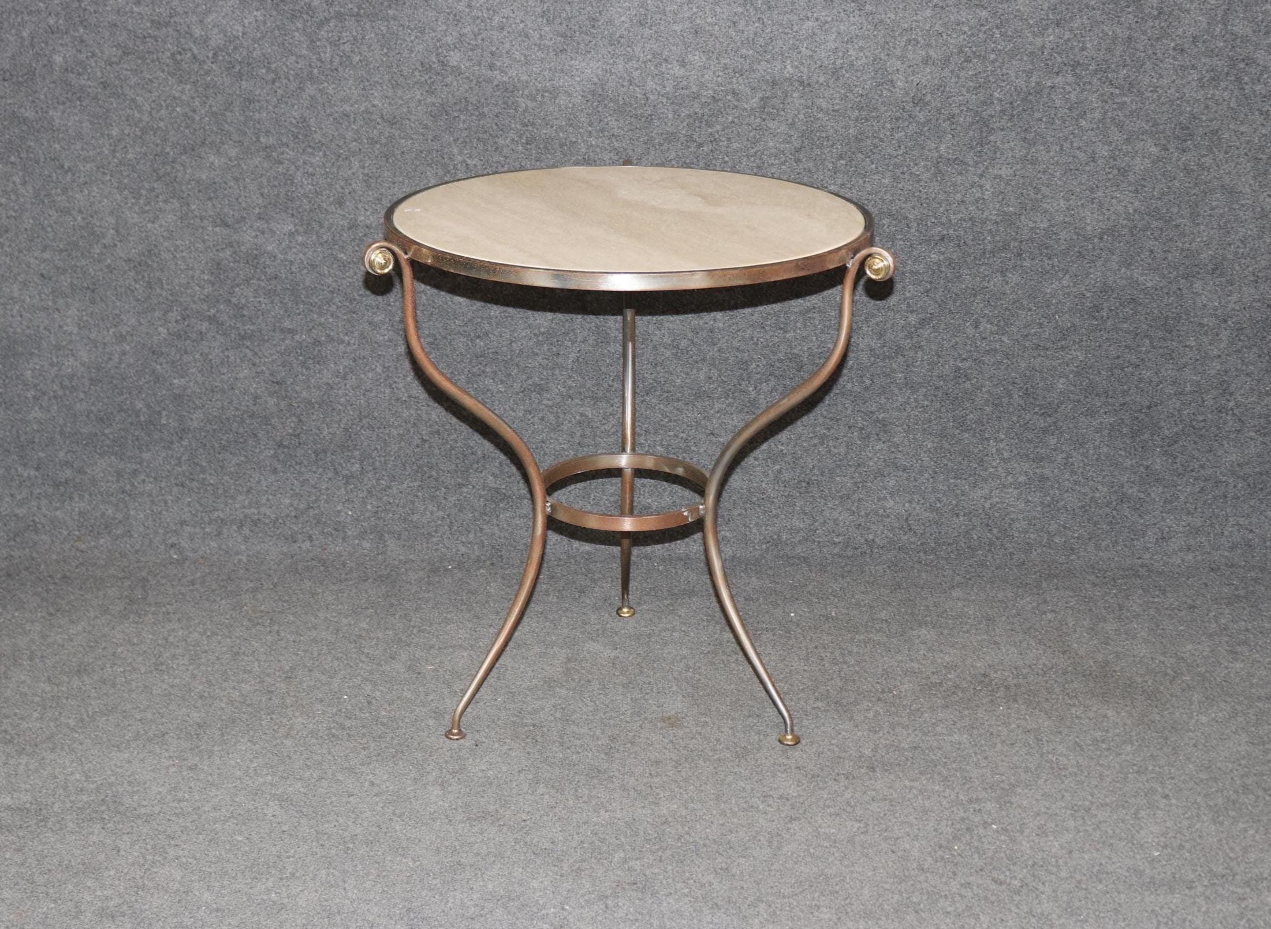 Hollywood Regency Travertine Top Gueridon - Brass Accent Table