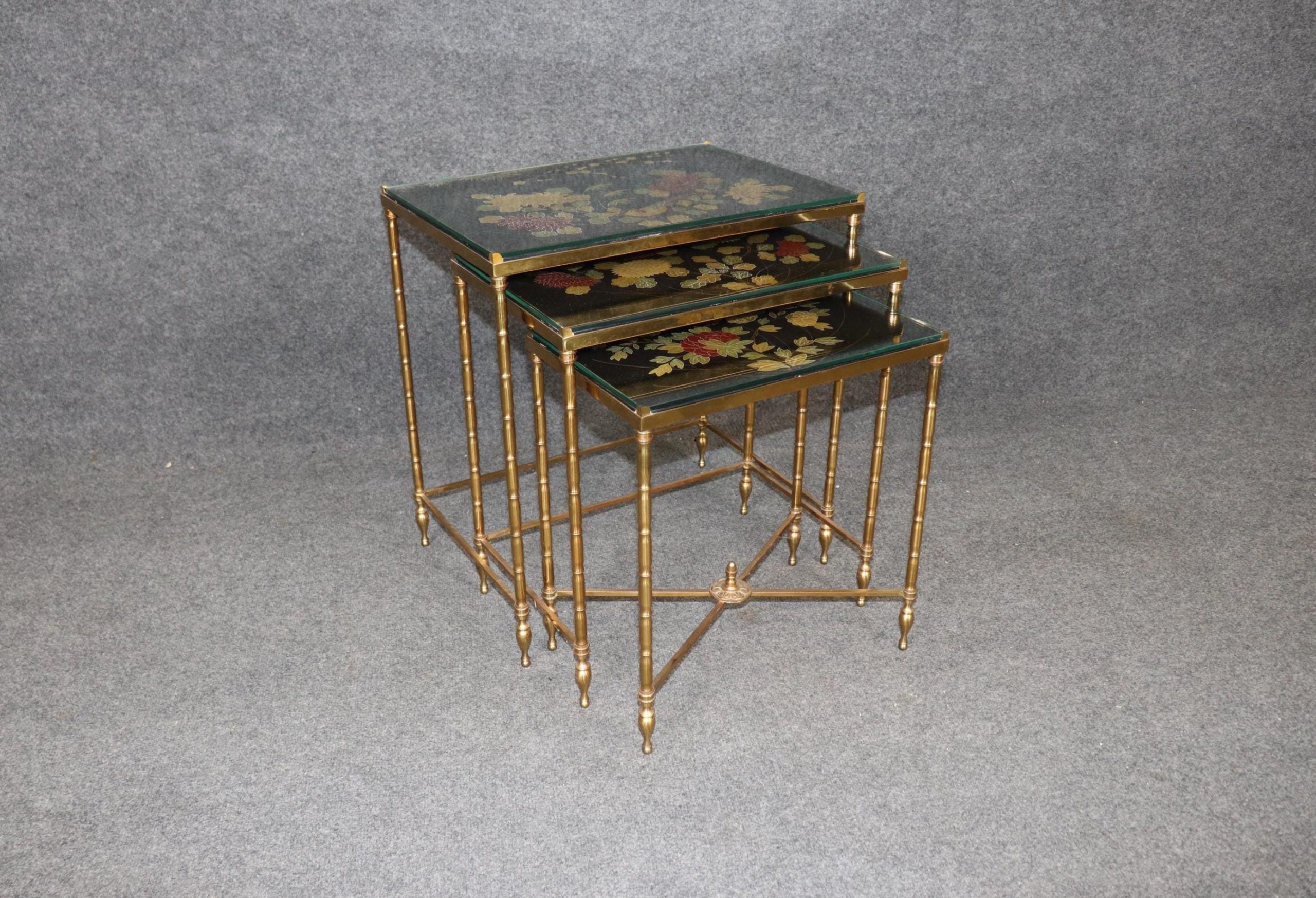 Maison Jansen Bronze Nesting Tables: Vintage Chinoiserie Gold Accent