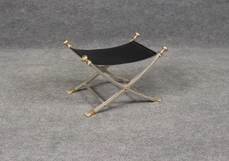 Maison Jansen Hollywood Regency Style Leather Upholstered Folding Bench, Footstool