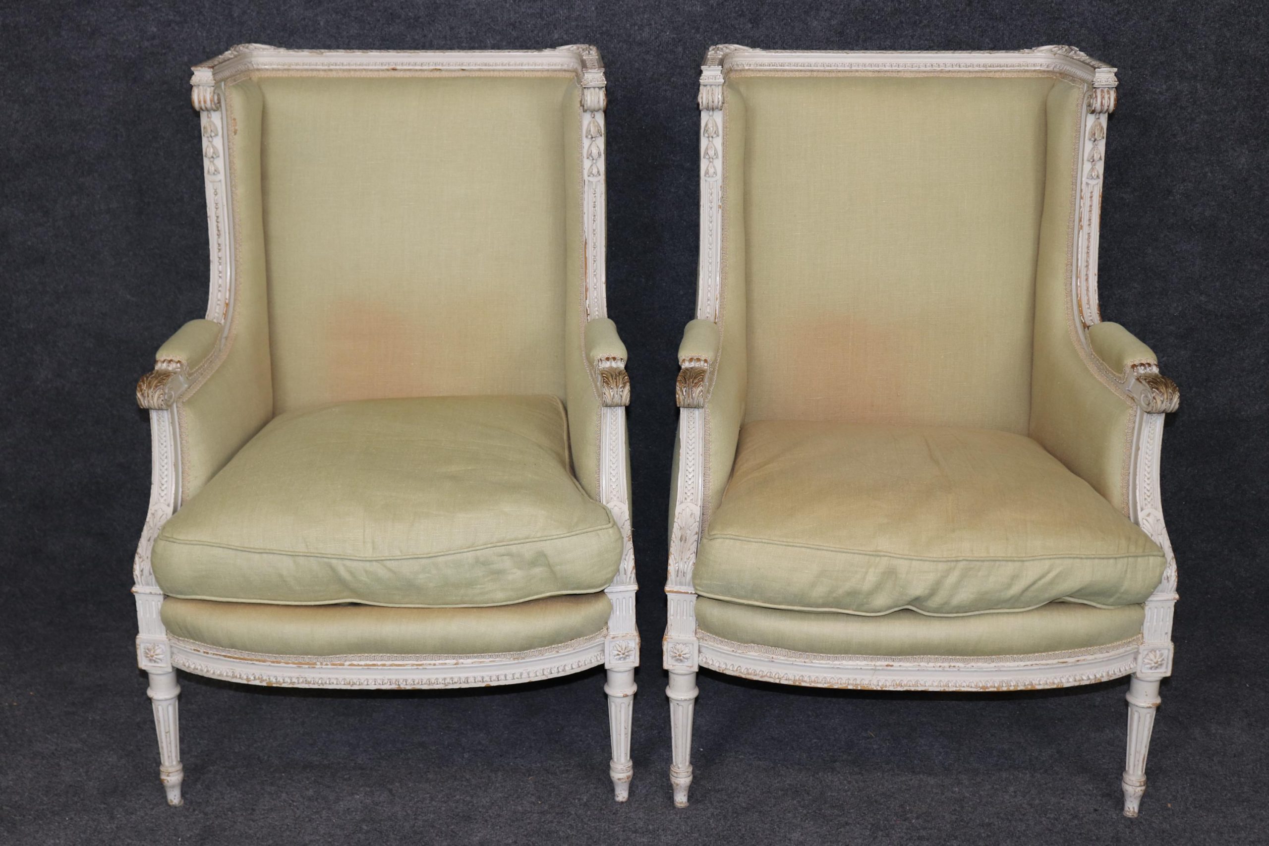 Exceptional Pair of Early 20th Century French Louis XVI Style Distressed Paint Decorated Wingback Bergeres, Pair Chairs - Image 2