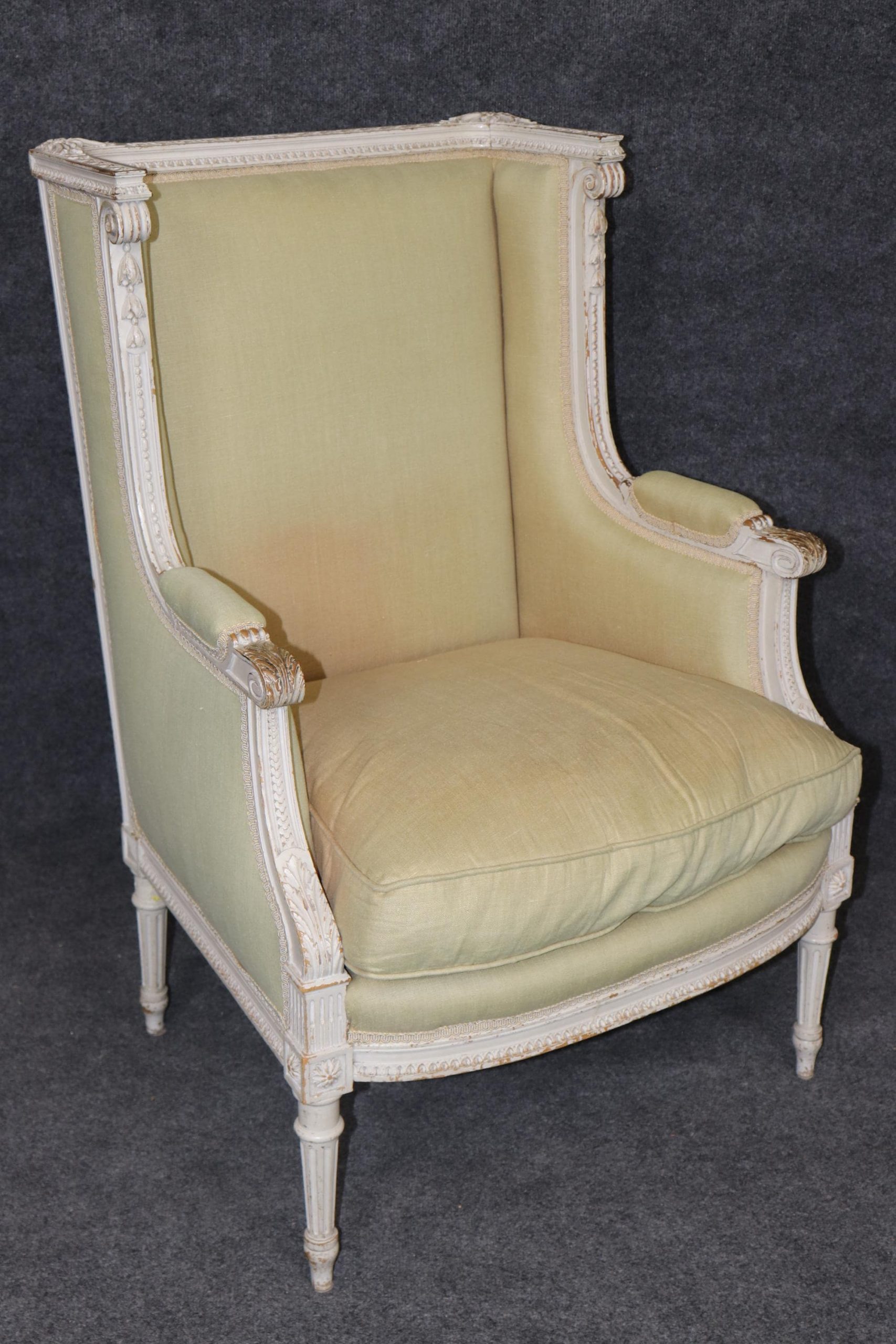 Exceptional Pair of Early 20th Century French Louis XVI Style Distressed Paint Decorated Wingback Bergeres, Pair Chairs - Image 5