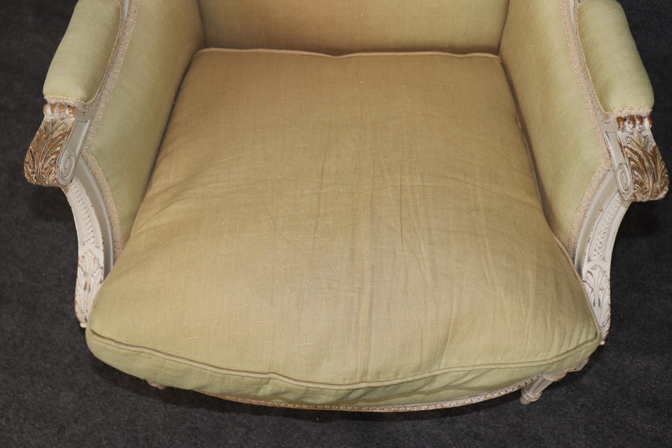 Exceptional Pair of Early 20th Century French Louis XVI Style Distressed Paint Decorated Wingback Bergeres, Pair Chairs - Image 9