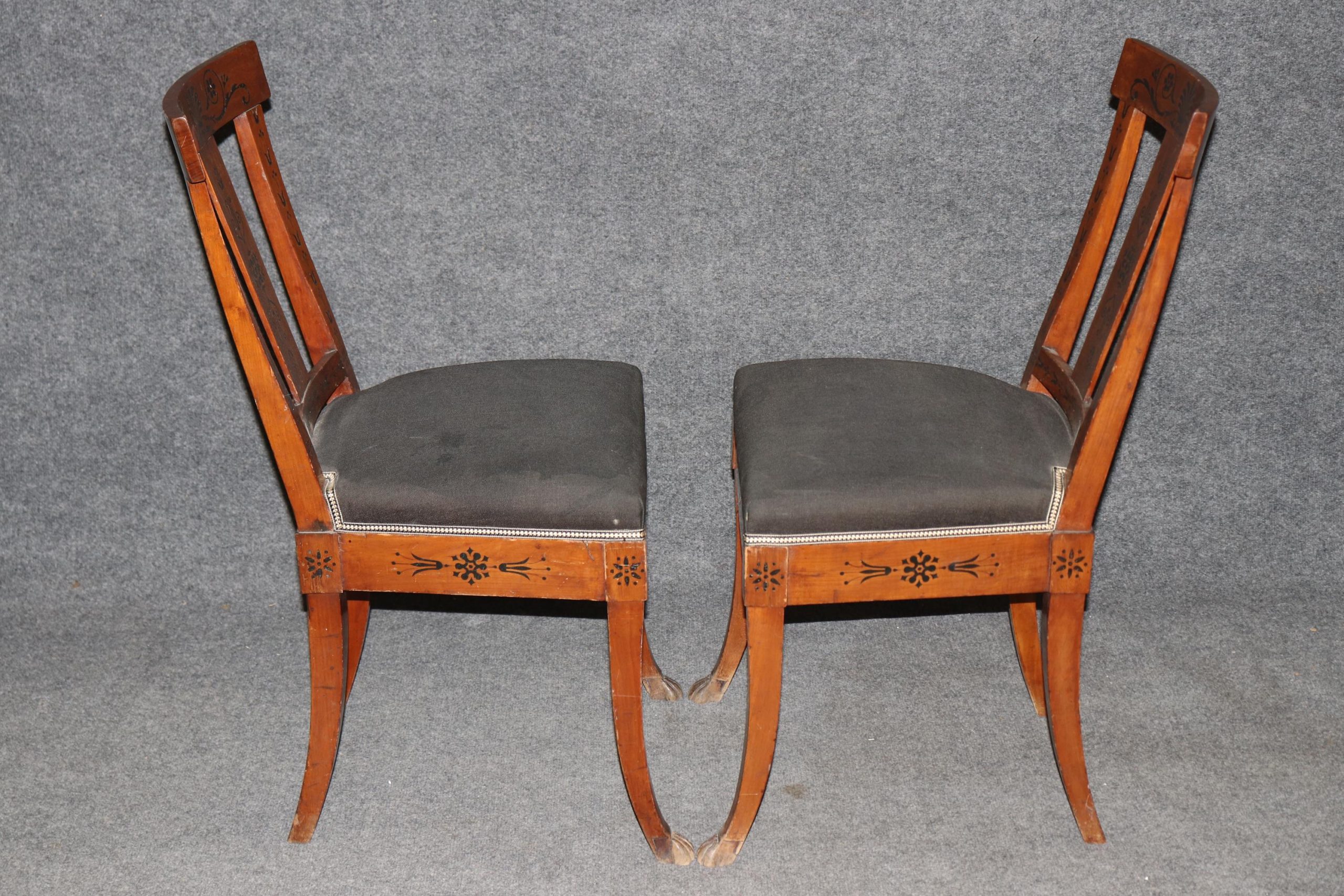 Pair of Antique Empire Style Dutch Marquetry Inlaid and Carved Side Chairs, Accent Chairs - Image 3