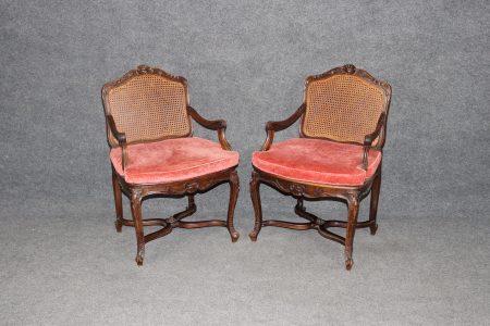 Pair of French Louis XV Carved Cane Back Armchairs C. 1900, Bergeres