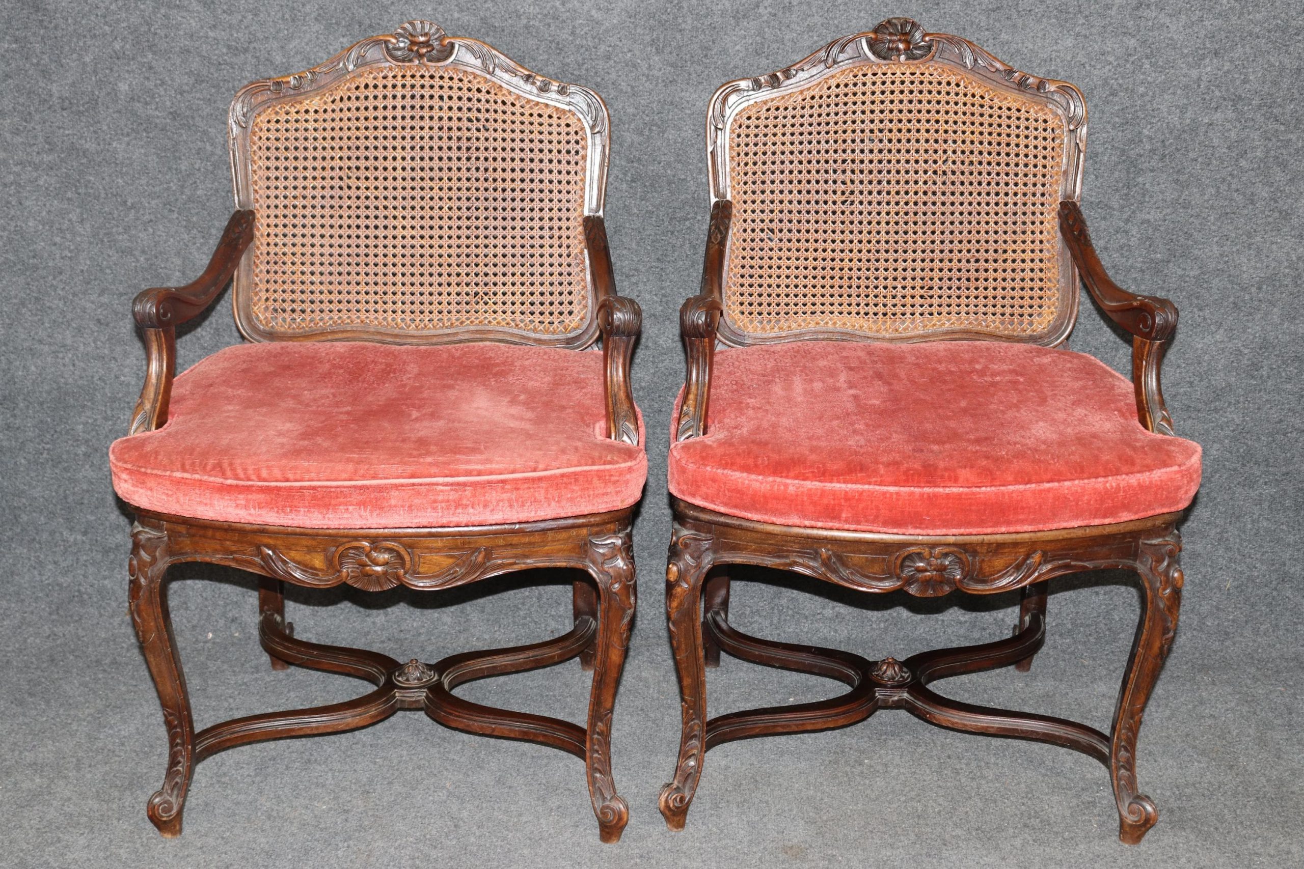 Pair of French Louis XV Carved Cane Back Armchairs C. 1900, Bergeres - Image 2