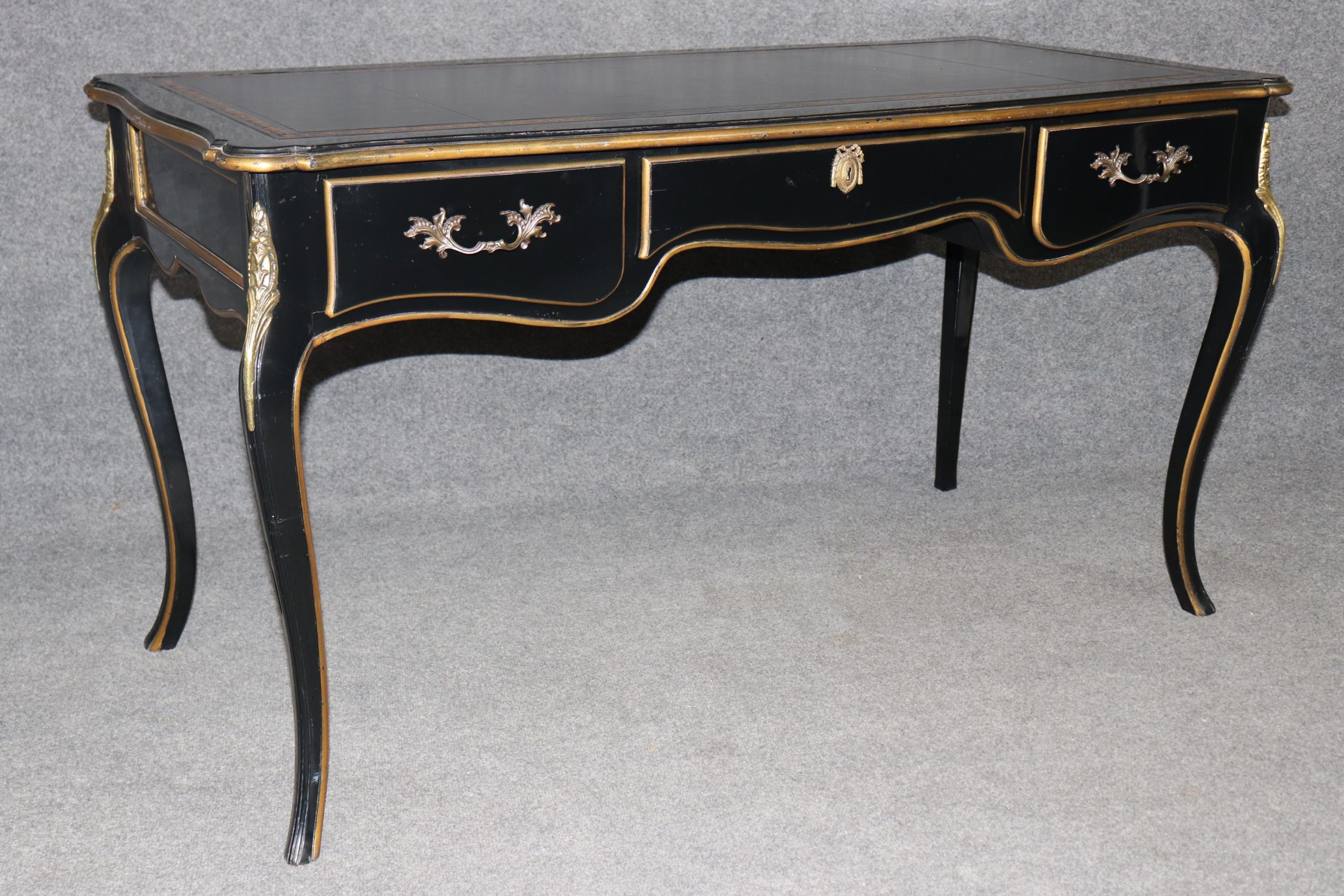 Baker Louis XV Style Black Ebonized Brass Mounted Leather Top Desk, Vintage Desk - Image 2