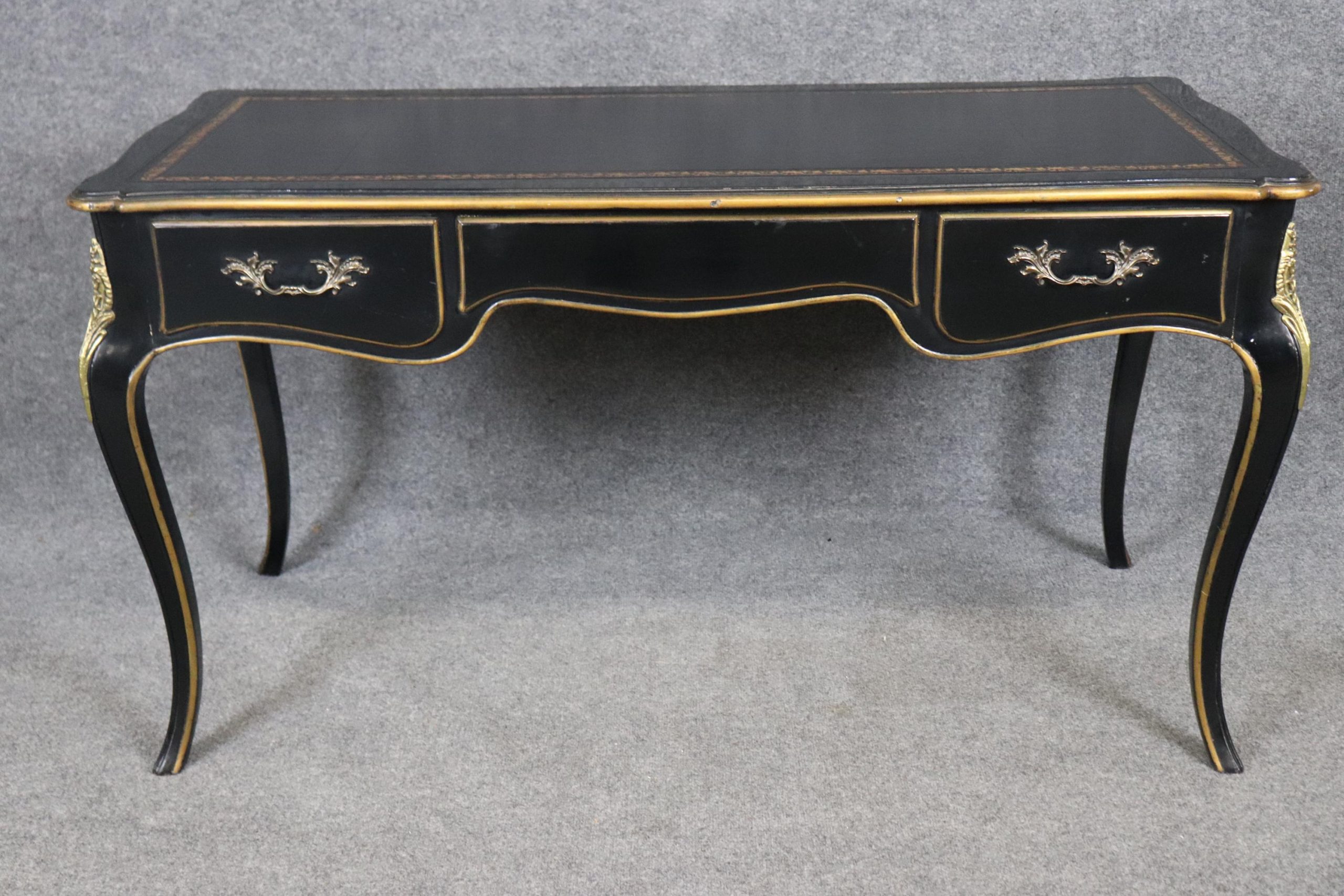 Baker Louis XV Style Black Ebonized Brass Mounted Leather Top Desk, Vintage Desk - Image 4