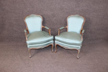 Louis XV Style Carved Walnut Armchairs: Blue Silk Upholstery, Vintage Pair