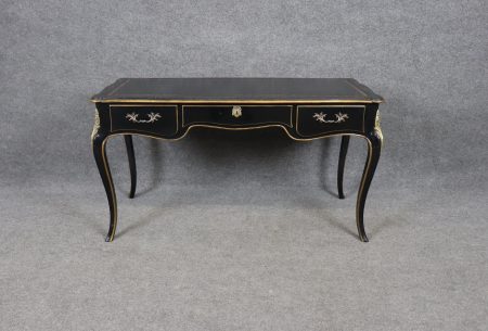 Baker Louis XV Style Black Ebonized Brass Mounted Leather Top Desk, Vintage Desk