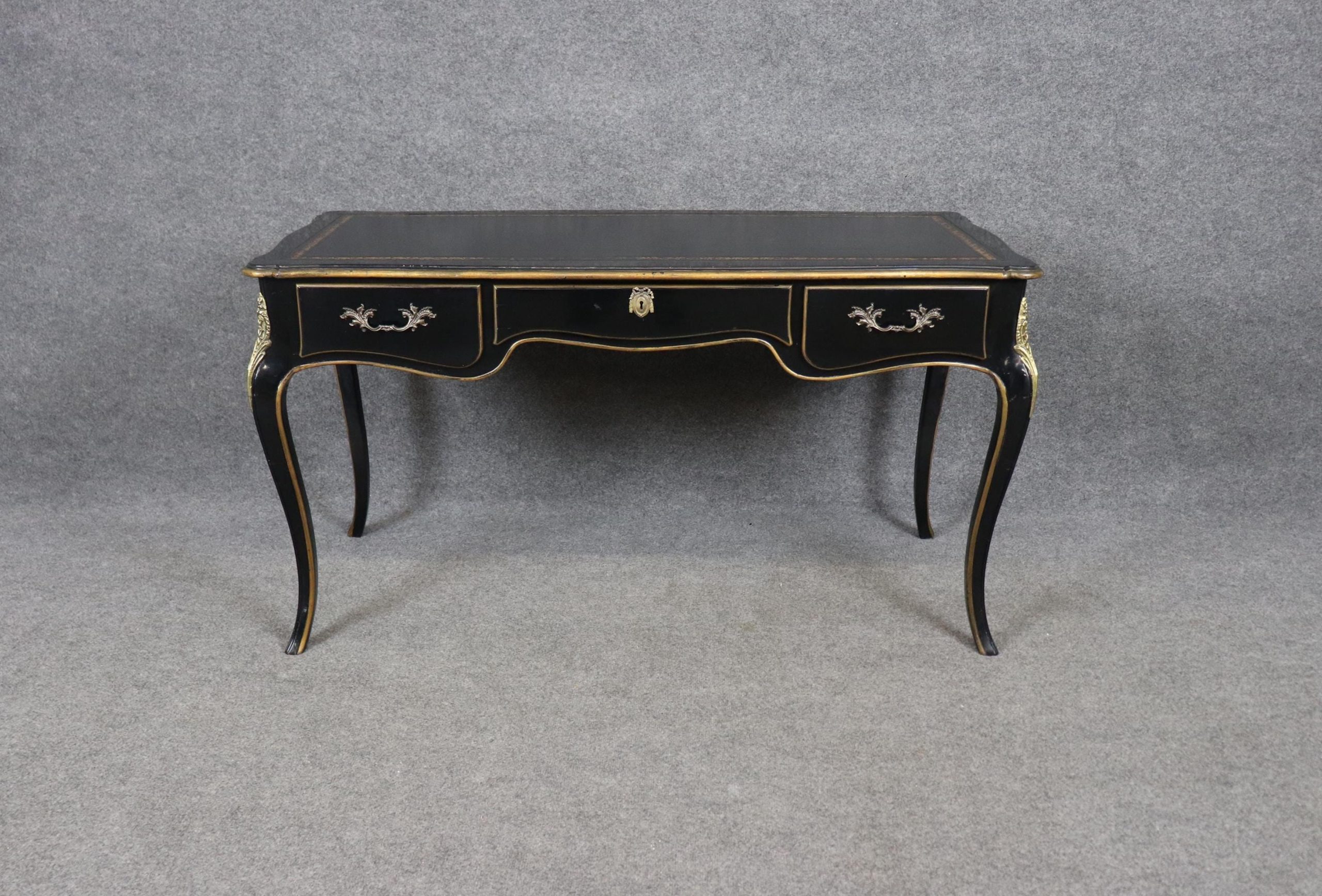 Baker Louis XV Style Black Ebonized Brass Mounted Leather Top Desk, Vintage Desk