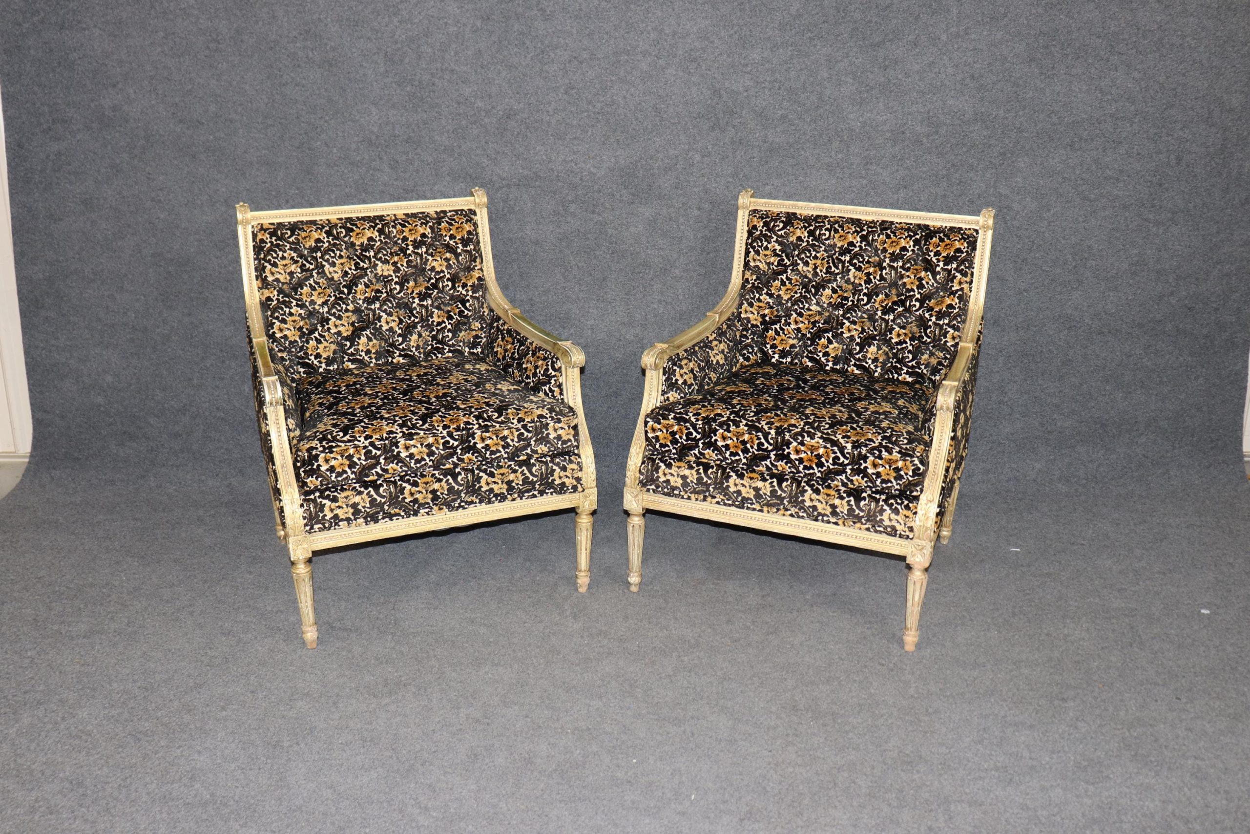 Pair of Louis XVI Style Gilt Carved Bergeres circa 1960s, Armchairs