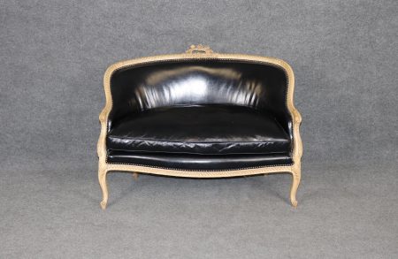 French Antique Turn of the Century Louis XV Style Leather Upholstered Carved Settee, Sofa