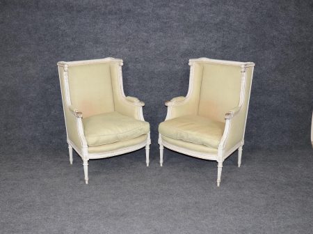 Exceptional Pair of Early 20th Century French Louis XVI Style Distressed Paint Decorated Wingback Bergeres, Pair Chairs