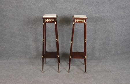 Vintage Pair of Louis XVI Style Bronze Mounted Marble Top Pedestals, Accent Tables
