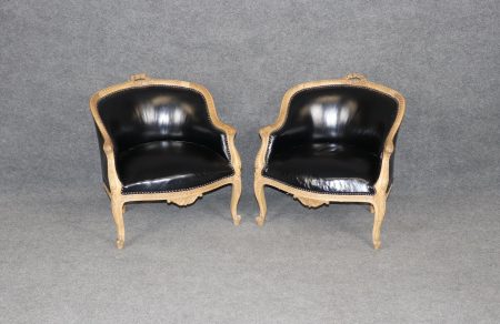 Antique French Louis XV Leather Bergere Armchairs: Pair of Club Chairs