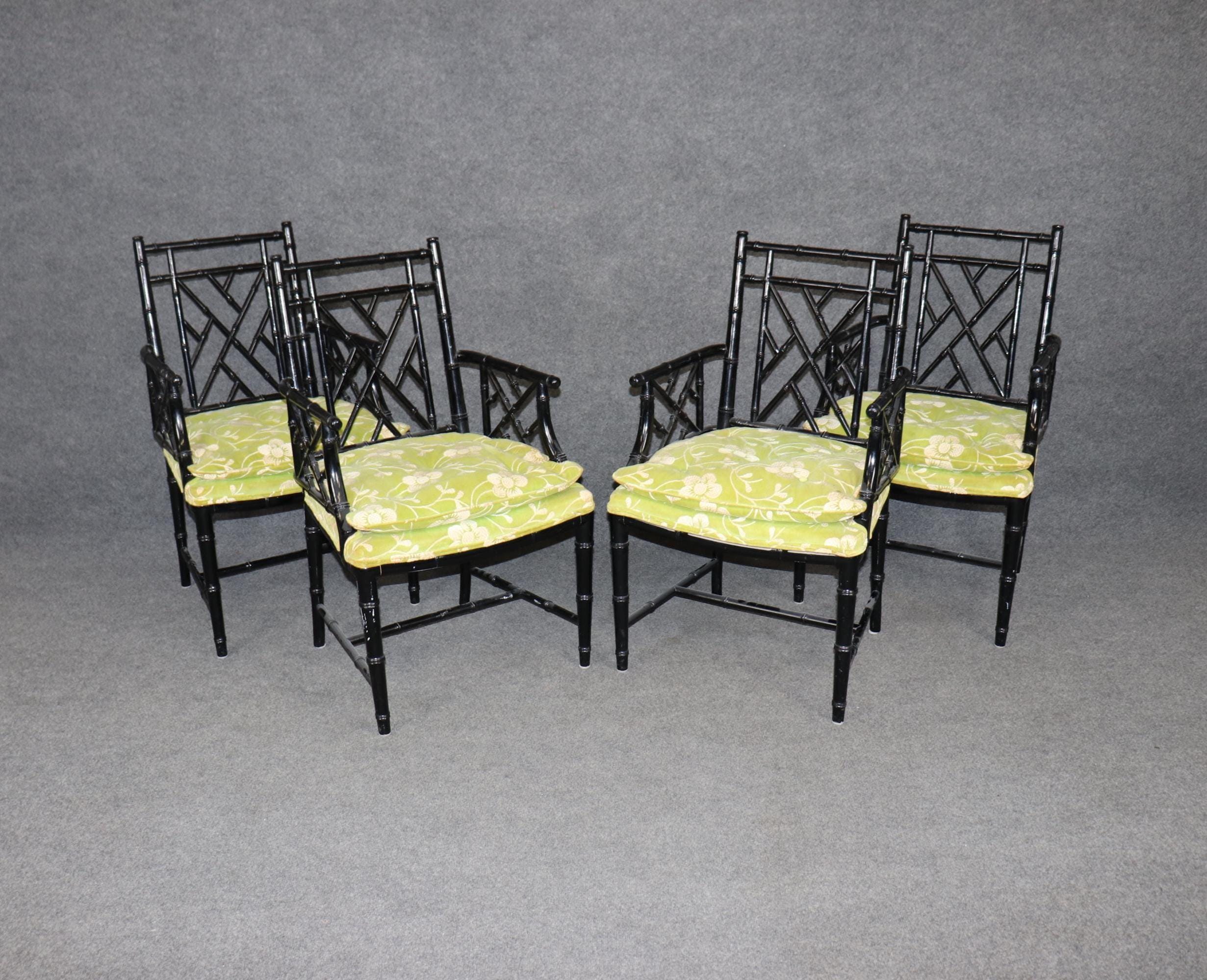 Hollywood Regency Ebonized Armchairs - Set of 4 Vintage Dining Chairs