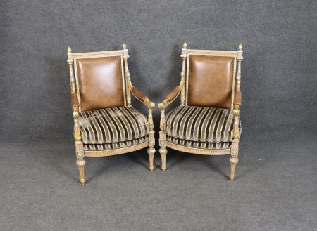 Pair of Vintage Louis XVI Style Paint Decorated and Gilt Accent Chairs, Armchairs