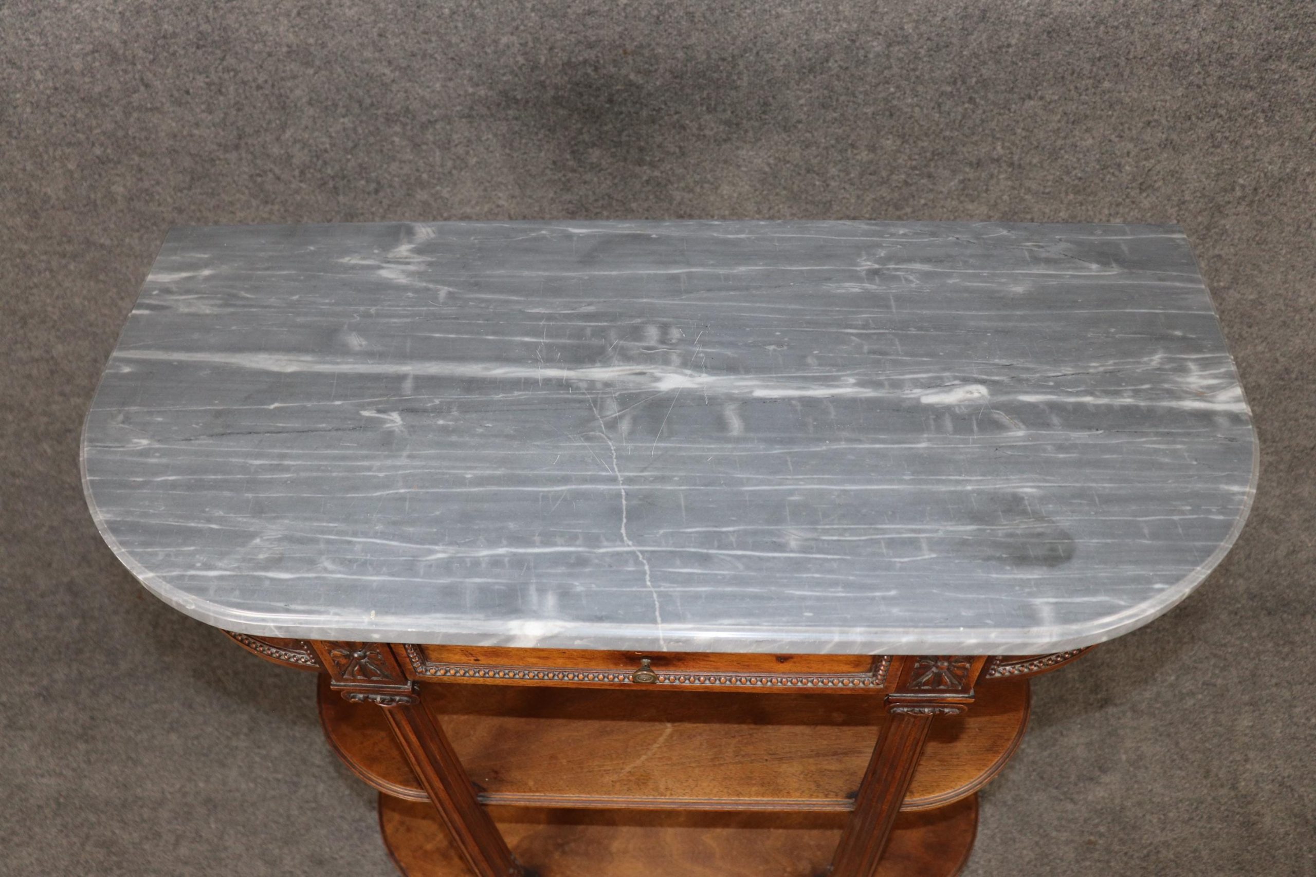Antique Louis XVI Style Marble Top Console Table: 3-Tier Mahogany Accent Table - Image 6