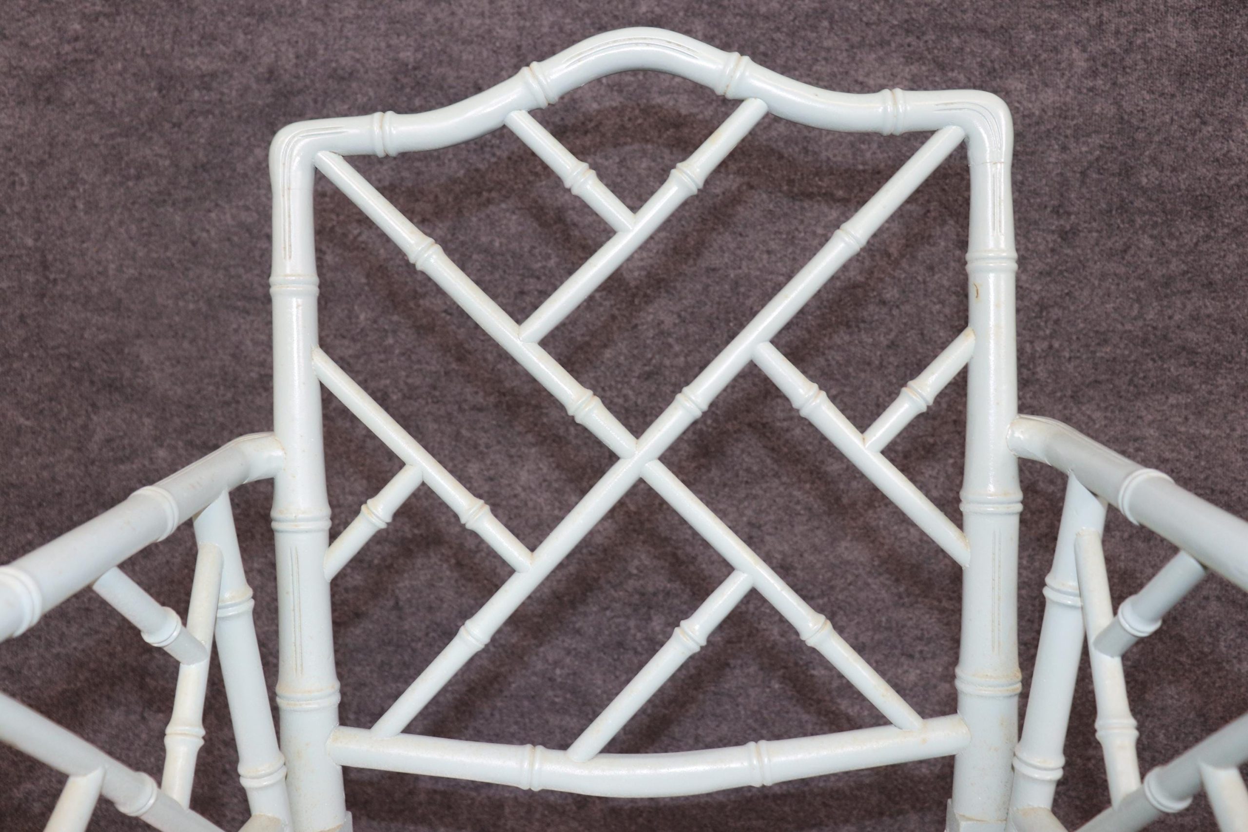 Vintage Set of 8 Hollywood Regency Style Blue Paint Decorated Faux Bamboo Cane Bottom Dining Room Chairs, Kitchen Chairs - Image 9