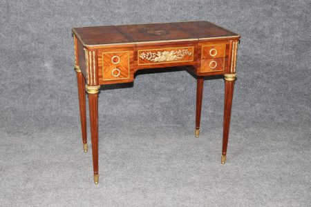 French Louis XVI Style Antique Vanity Desk: Bronze Mounted Marquetry