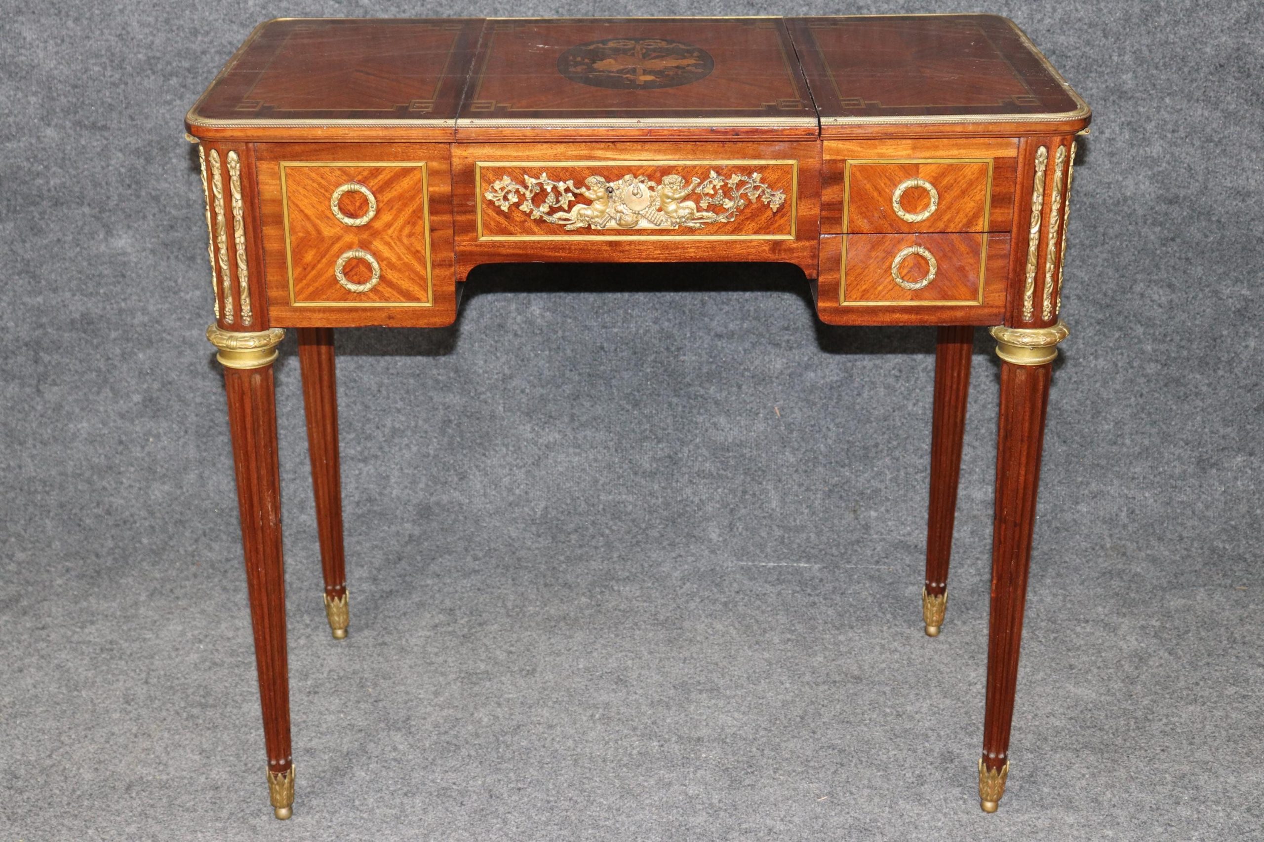 French Louis XVI Style Antique Vanity Desk: Bronze Mounted Marquetry - Image 2