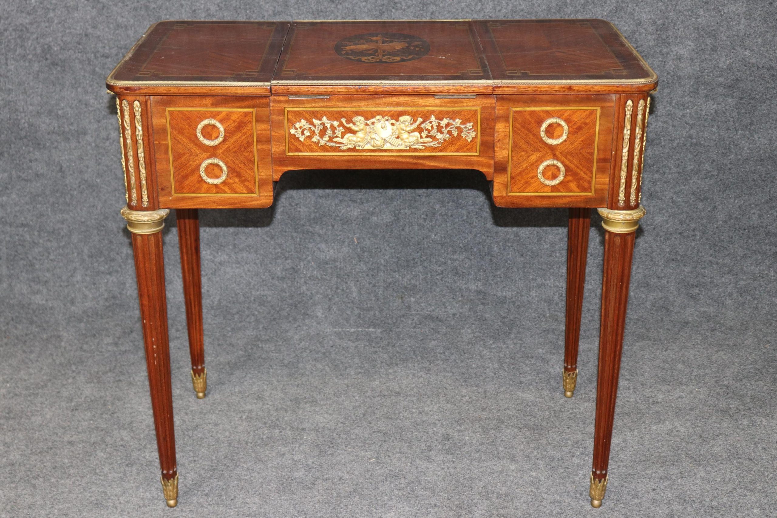 French Louis XVI Style Antique Vanity Desk: Bronze Mounted Marquetry - Image 4