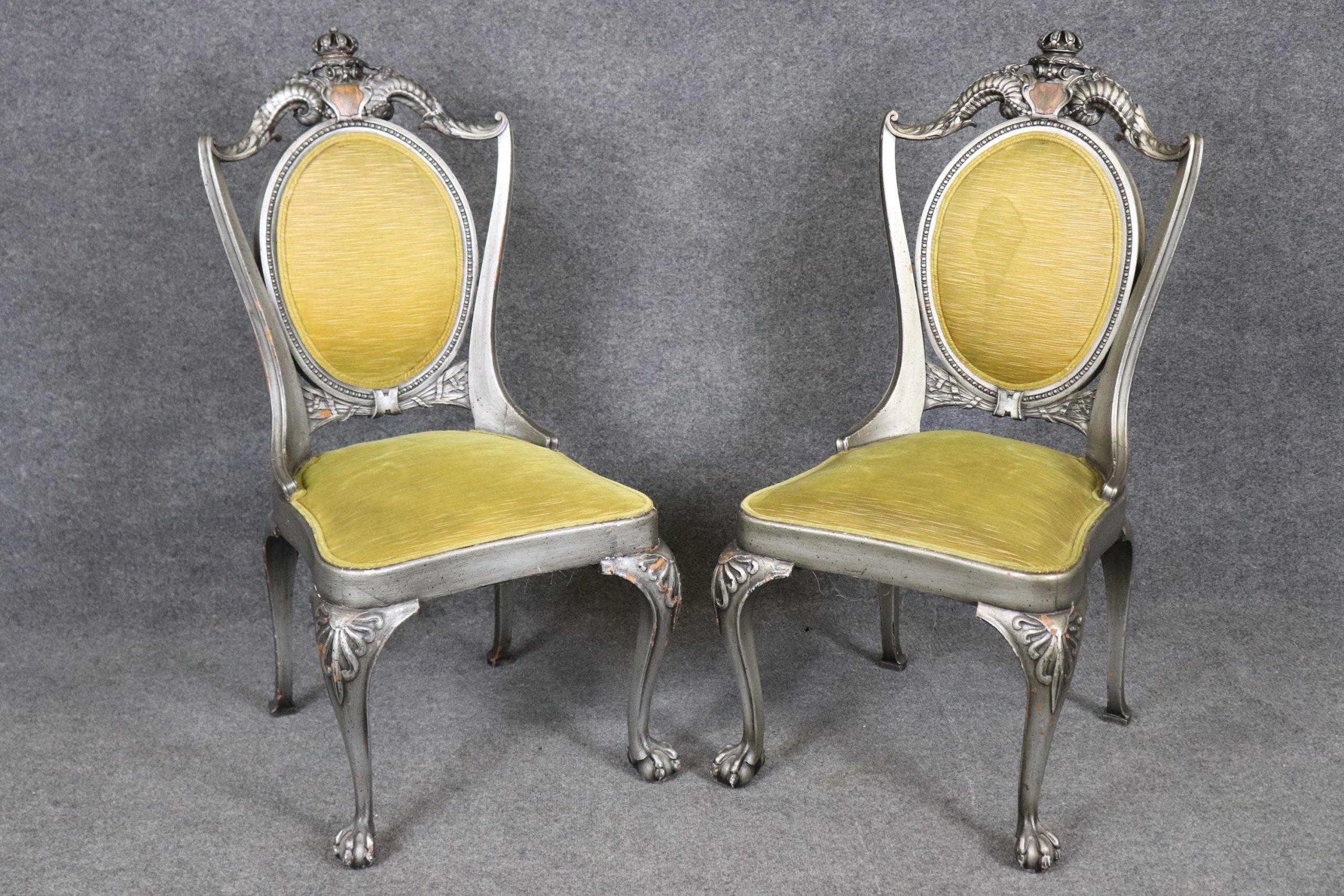 Antique Set of 12 English Carved Silver Gilt Ball and Claw Dining Side Chairs, Conference Chairs - Image 3